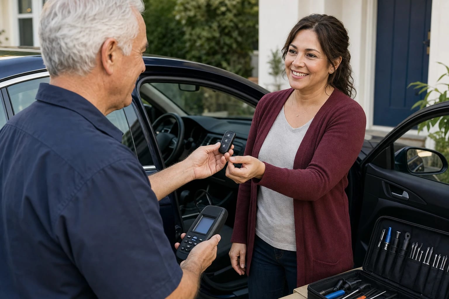 Locksmith handing a car key fob to a smiling woman beside an open car door, key programmer in hand