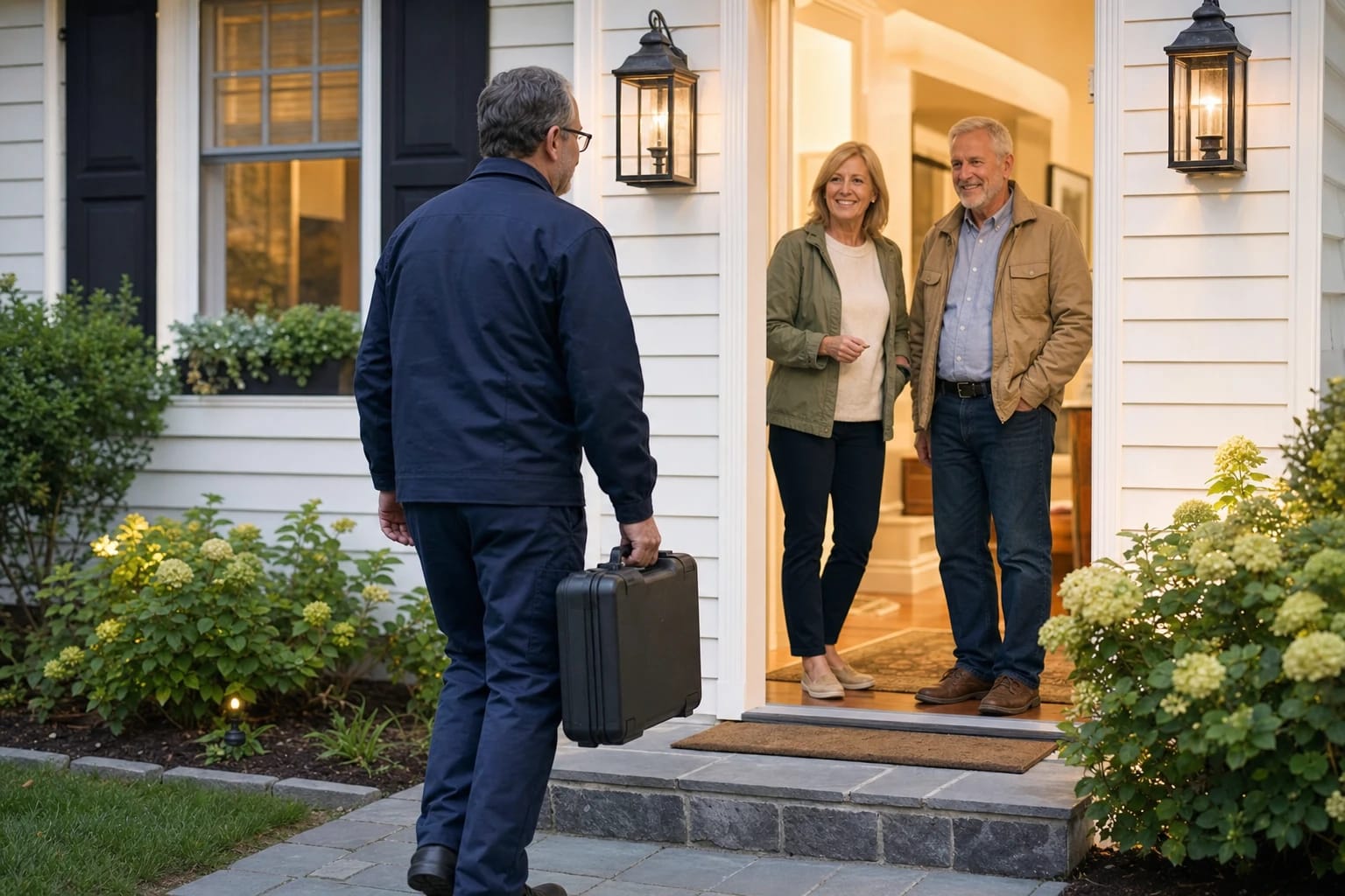 Locksmith carrying a tool case walks up to a smiling couple at a lit front door at dusk