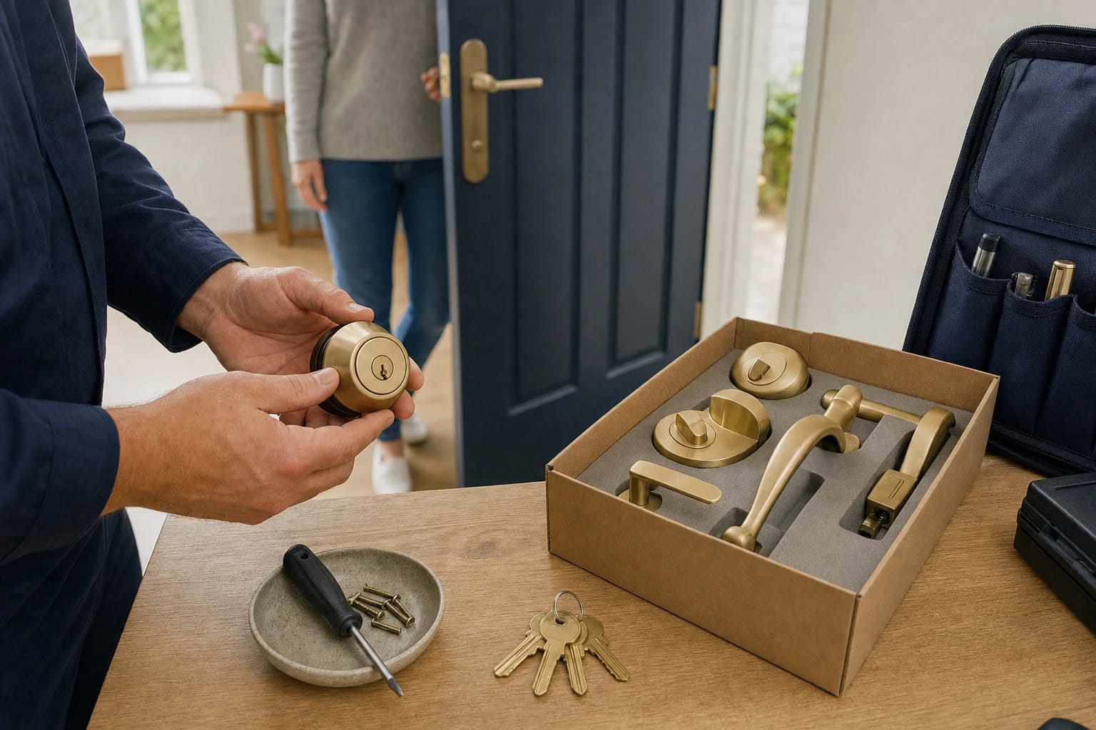 Locksmith holds a new brass deadbolt beside a boxed lever and handleset kit, keys and screws