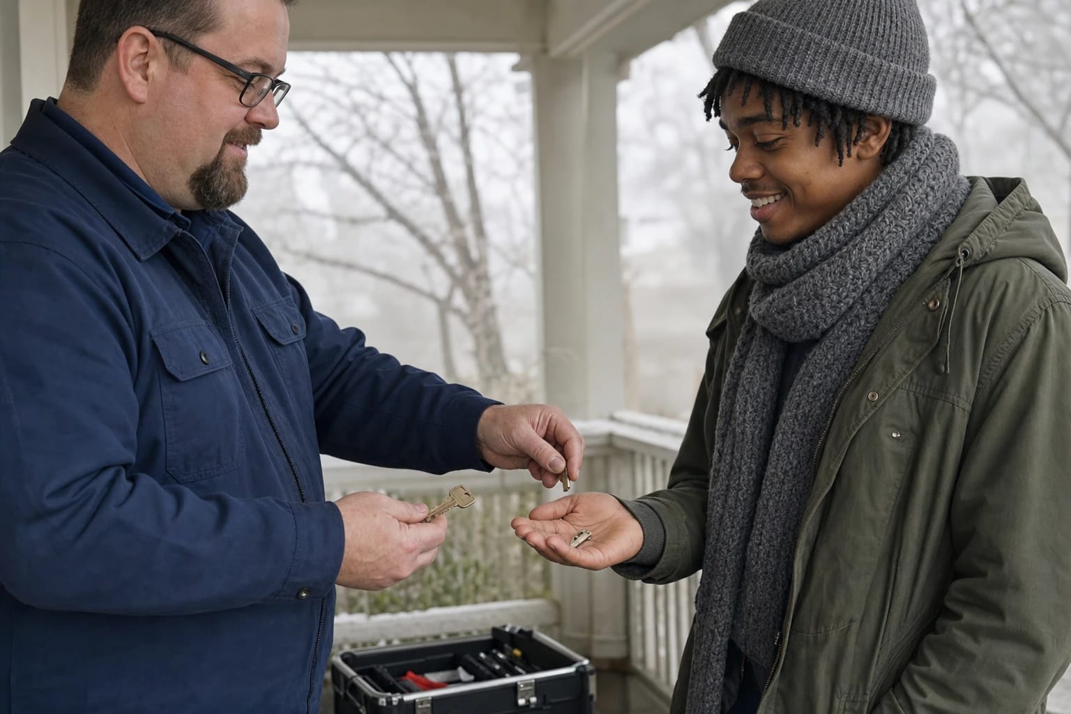Locksmith hands broken key pieces to a young man in a scarf on a frosty winter porch