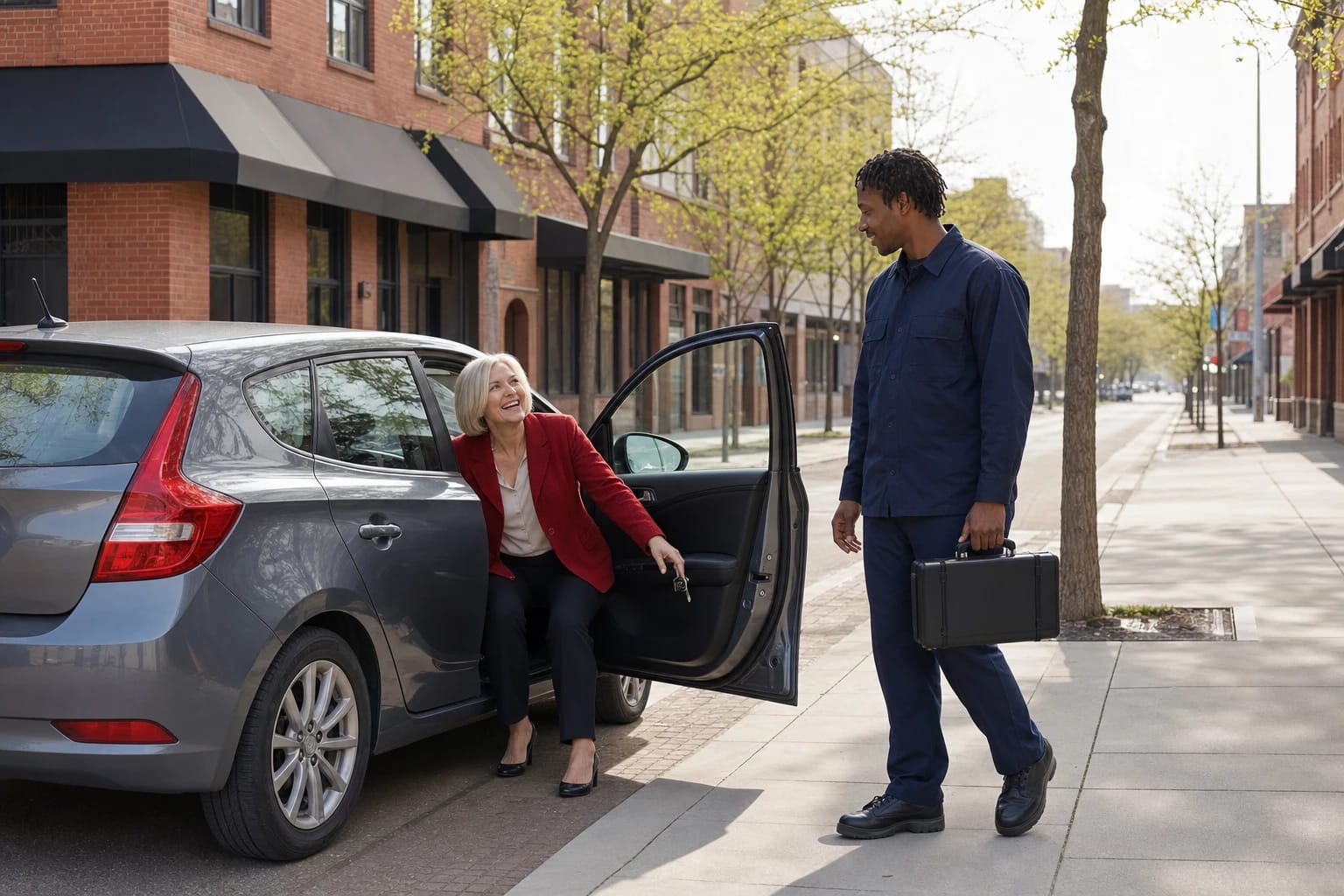 Woman seated in her car with keys smiles at a locksmith carrying a case on a brick downtown street