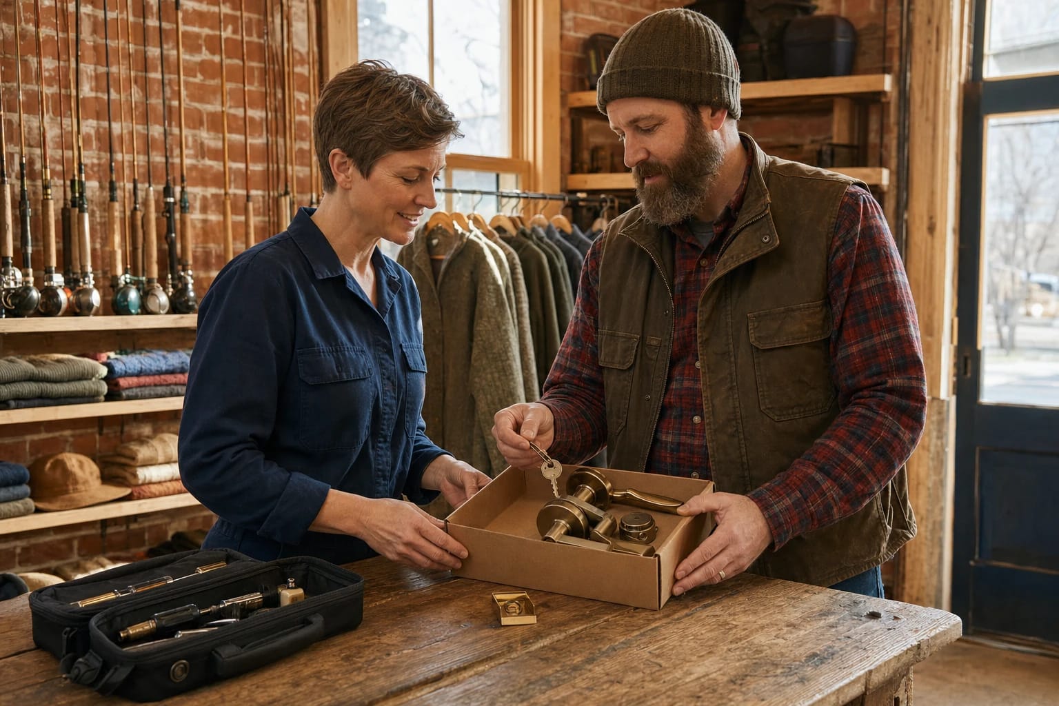 Locksmith and shop owner look over a boxed lever lockset and key at the counter of an outdoor gear store