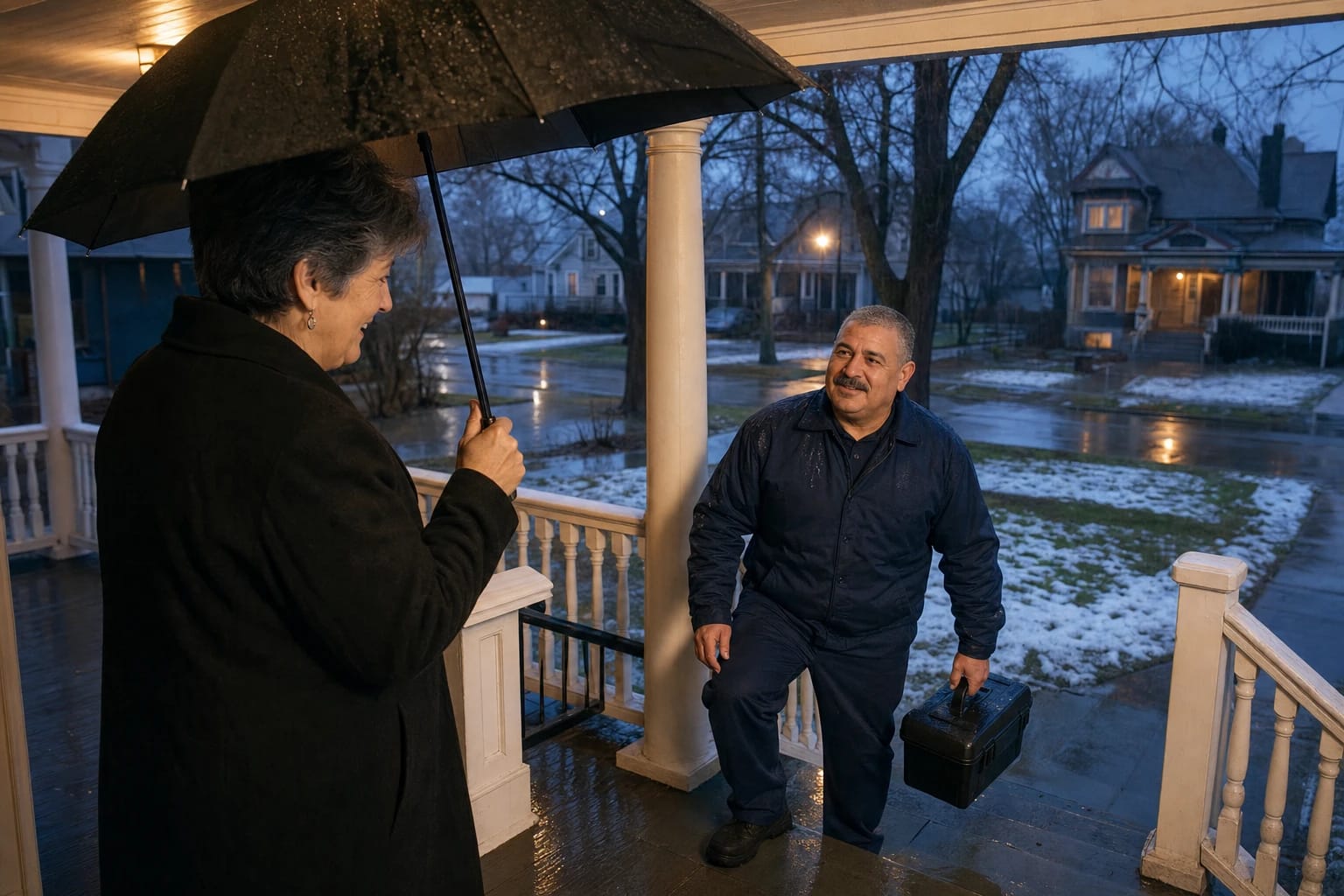 Locksmith with a toolbox climbs a rainy porch at dusk as a smiling homeowner holds an umbrella