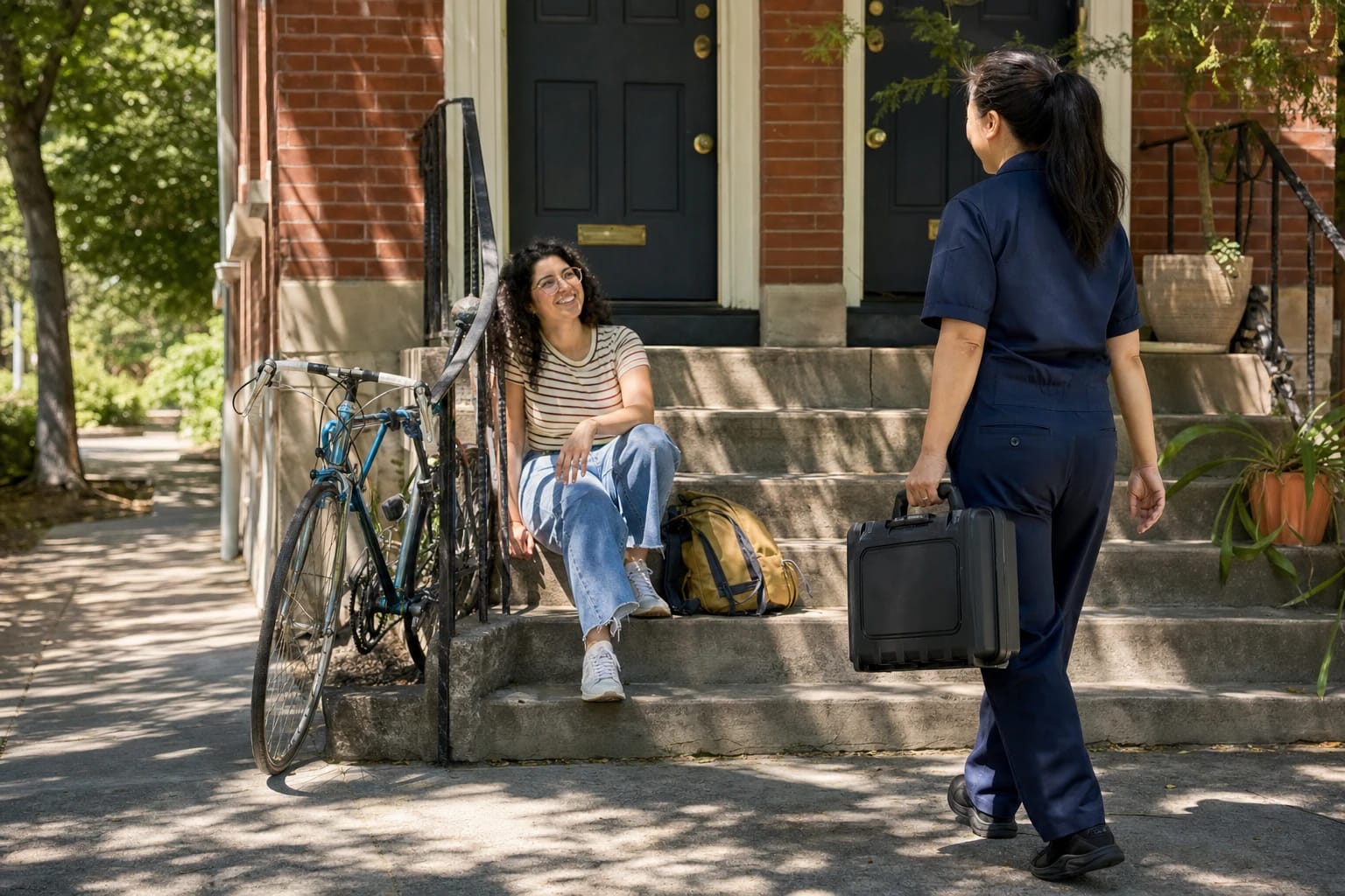 Locksmith with a tool case approaches a woman sitting on the stoop of a brick rowhouse outside her door