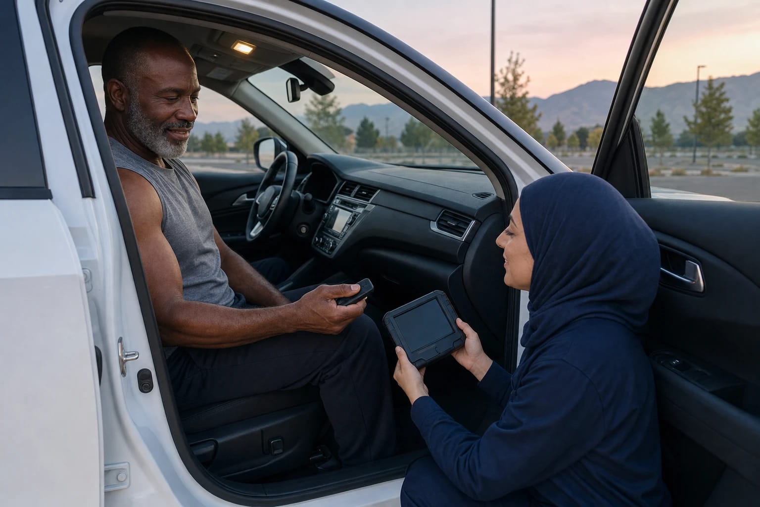 Locksmith kneels with a programming tablet as a driver holds a key fob in a white SUV at dusk