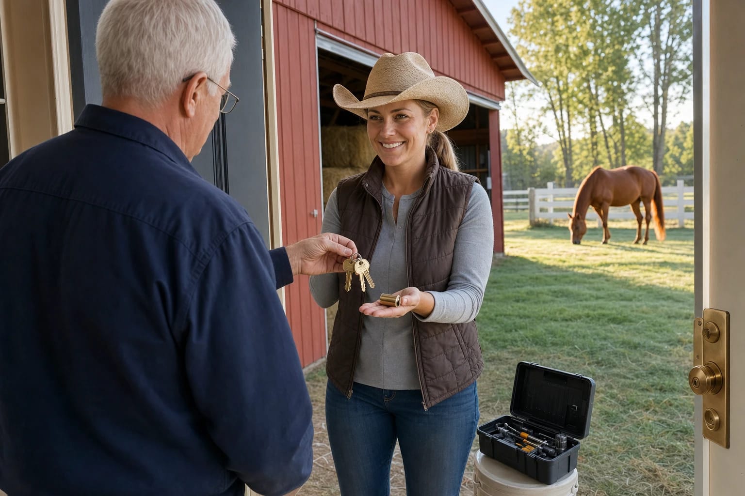 Locksmith hands new brass keys to a ranch owner holding a lock cylinder, with a red barn and horse behind