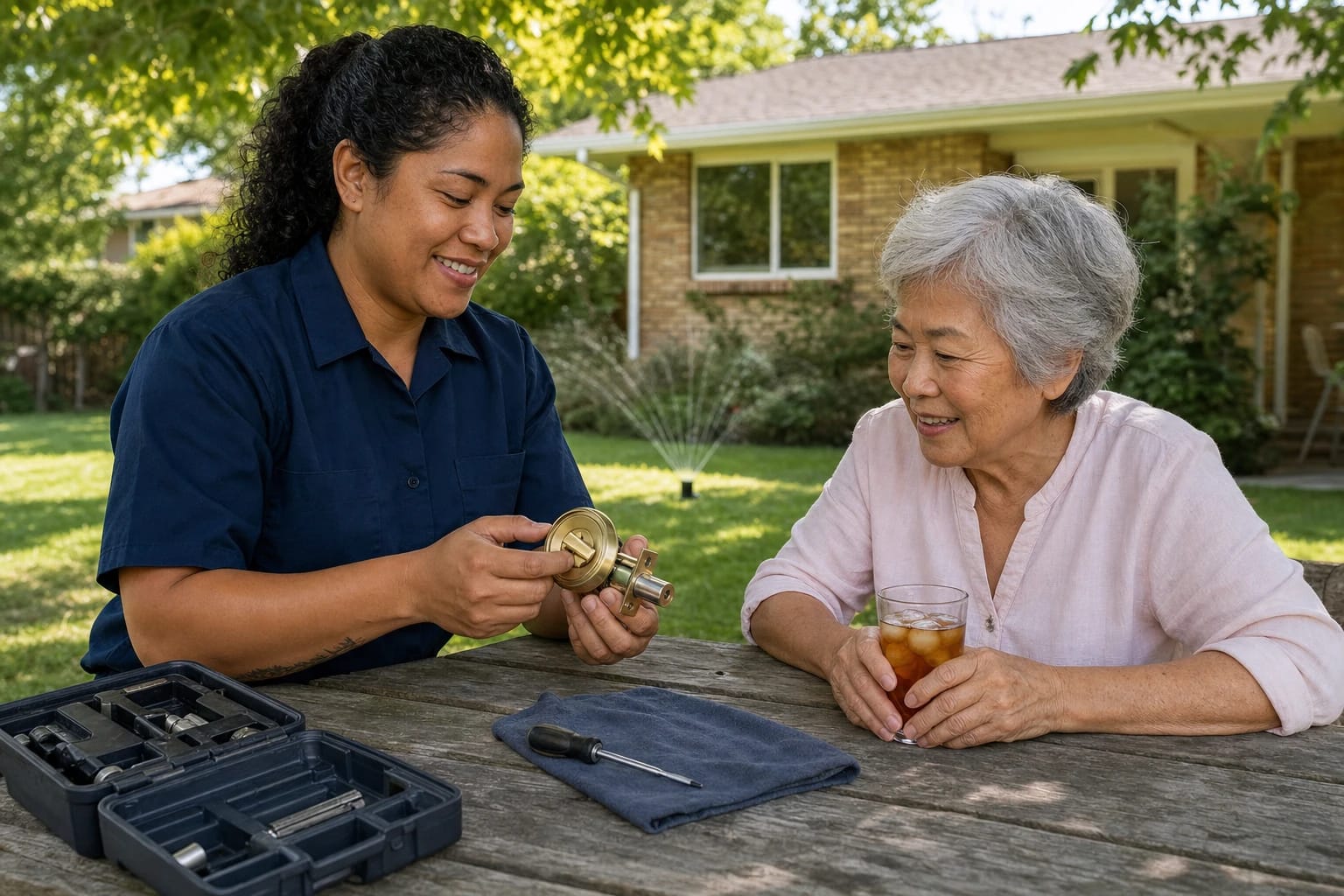 Locksmith inspects a brass deadbolt at a backyard picnic table while an older woman holds iced tea