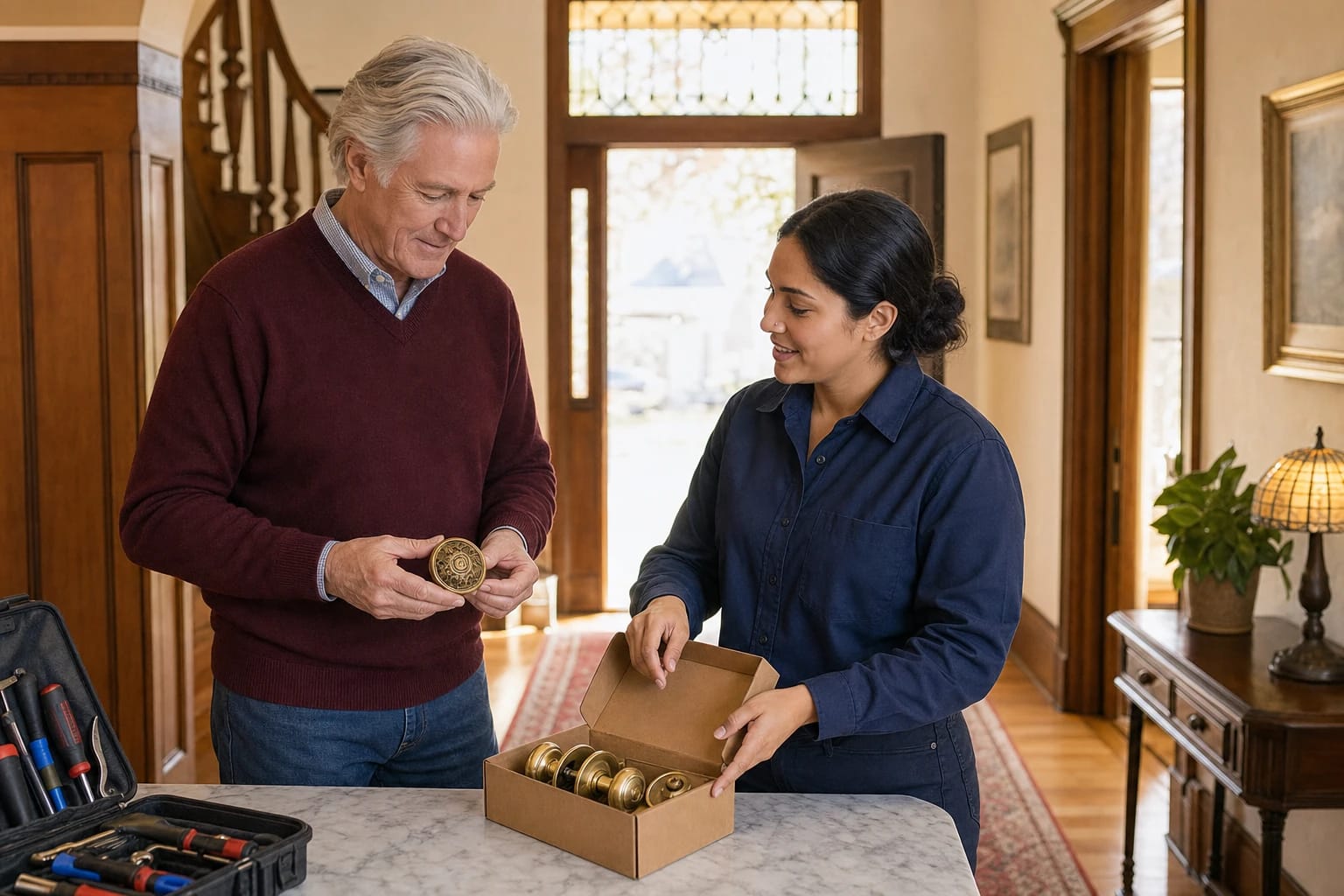 Locksmith shows a homeowner new brass knobs in a box while he holds an ornate old knob in a Victorian hall