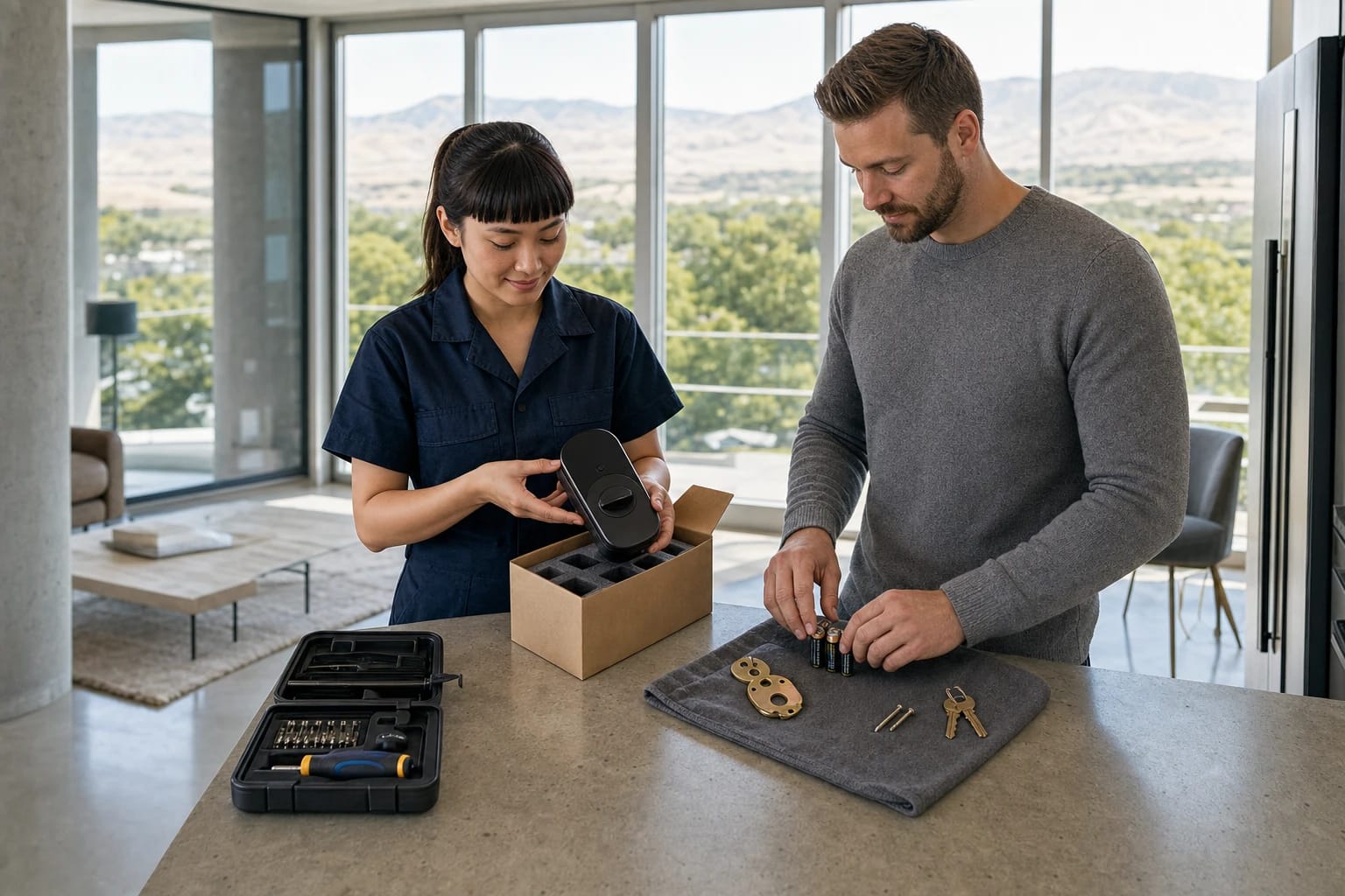 Locksmith unboxes a black smart lock as a homeowner sets out batteries in a condo with foothill views