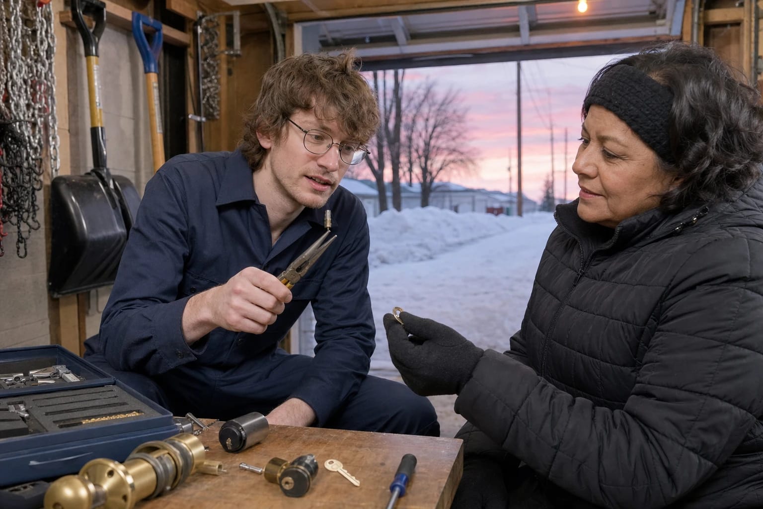 Locksmith holds pliers with a broken key piece as a woman shows the key bow in a snowy open garage