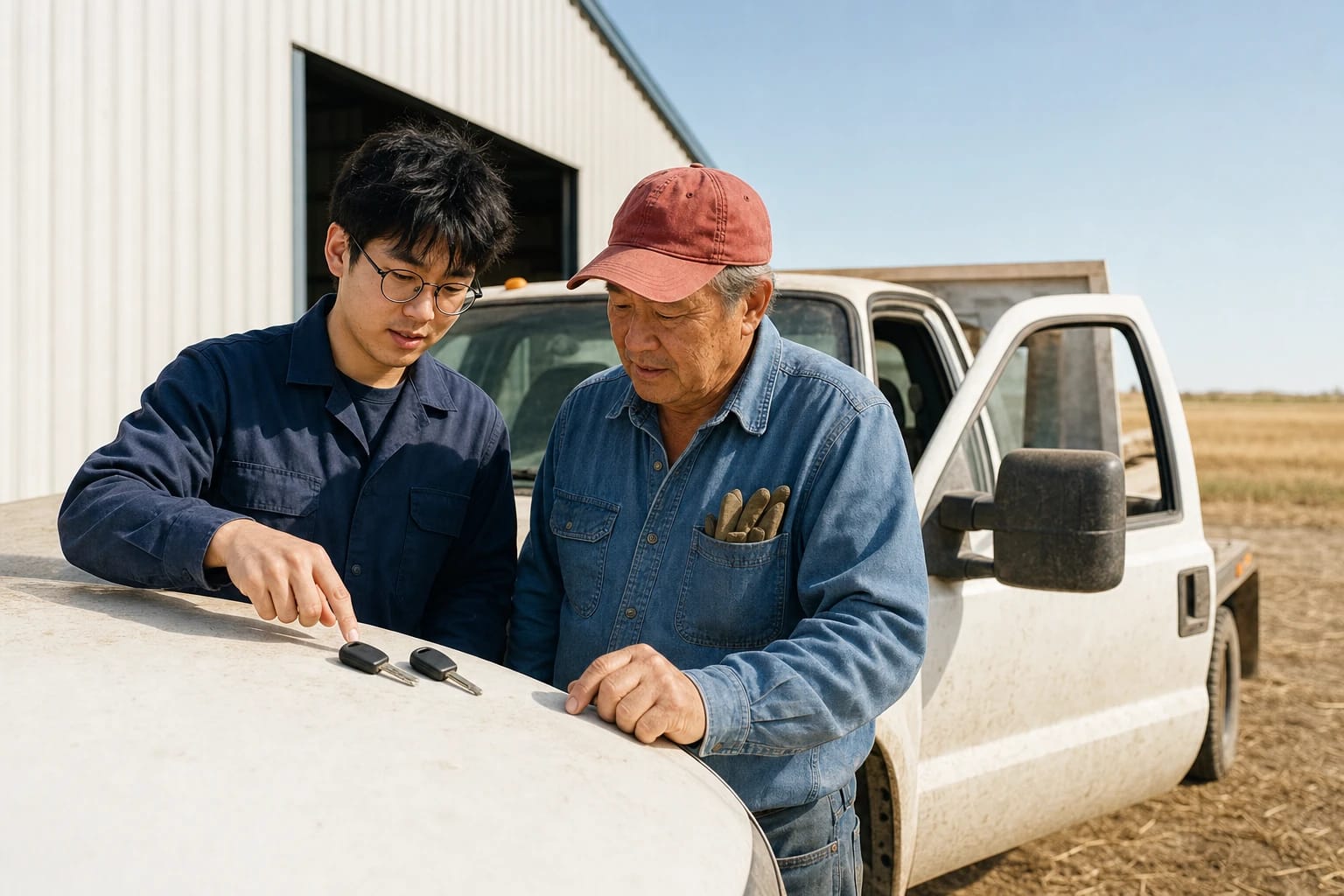 Locksmith points to two new car keys on a truck hood beside a farmer at a rural metal barn