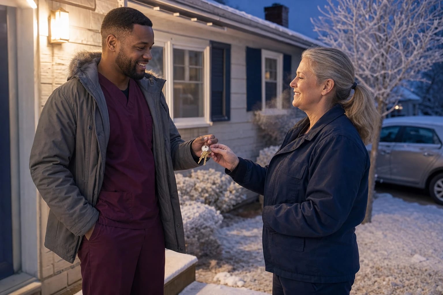 Locksmith hands house keys to a smiling homeowner in scrubs outside a snowy house at dusk