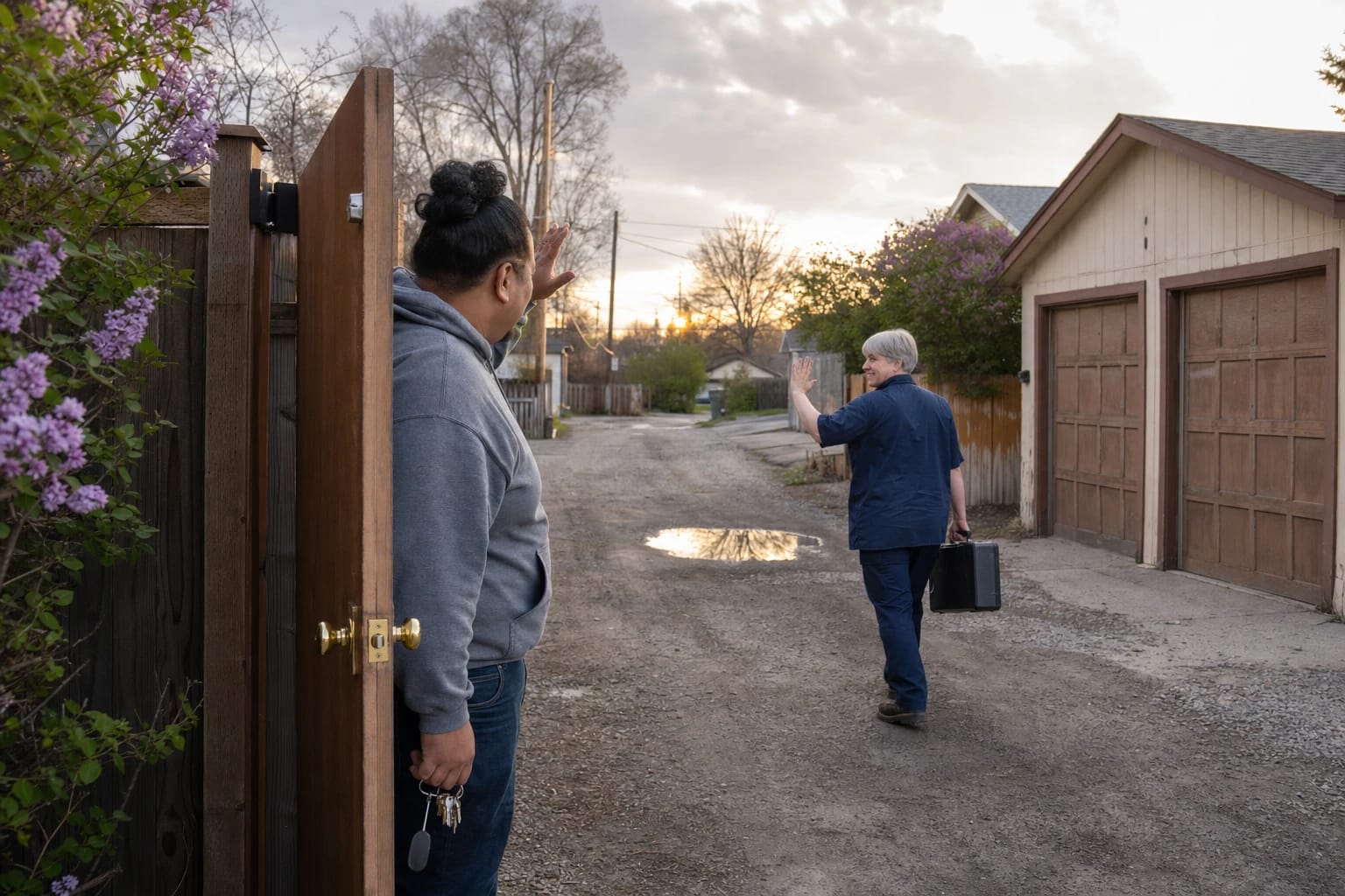 Homeowner holding keys waves from an open backyard gate as a locksmith walks down an alley at dusk