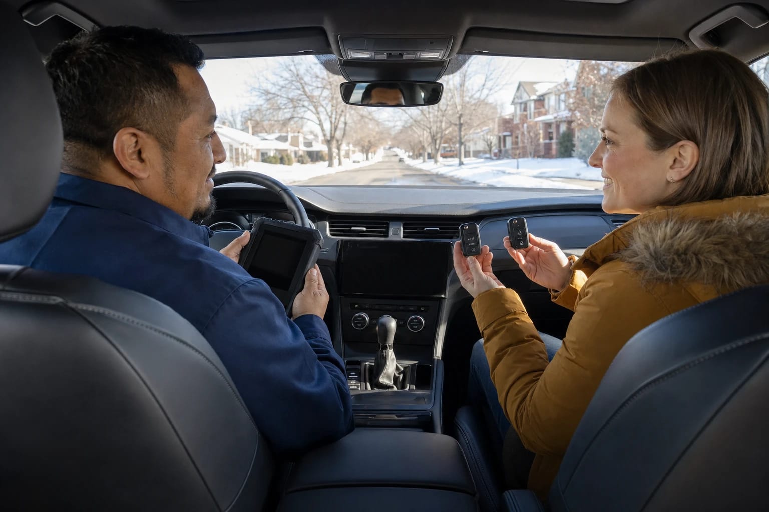 Locksmith with a programming tablet sits in a car as the owner holds up two key fobs