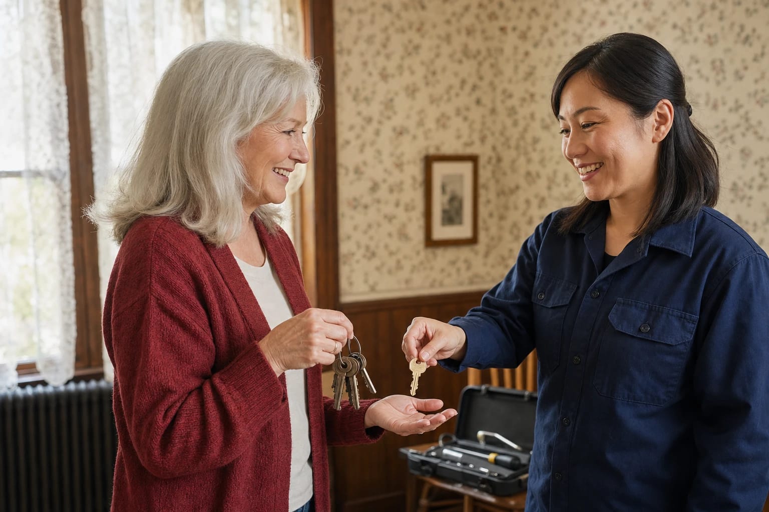 Locksmith hands a new brass key to a smiling older woman holding her old keys in a vintage living room