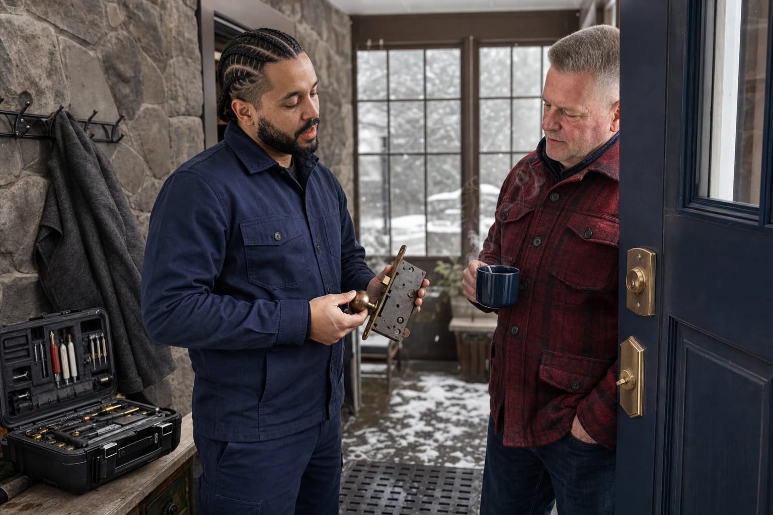 Locksmith examines an old mortise lock with a brass knob as a homeowner with coffee watches in a snowy entry