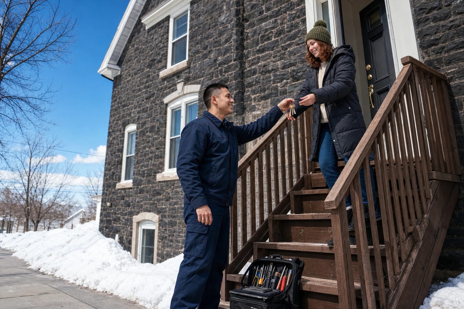 Locksmith hands keys to a woman on the wooden steps of a dark stone house with snowbanks
