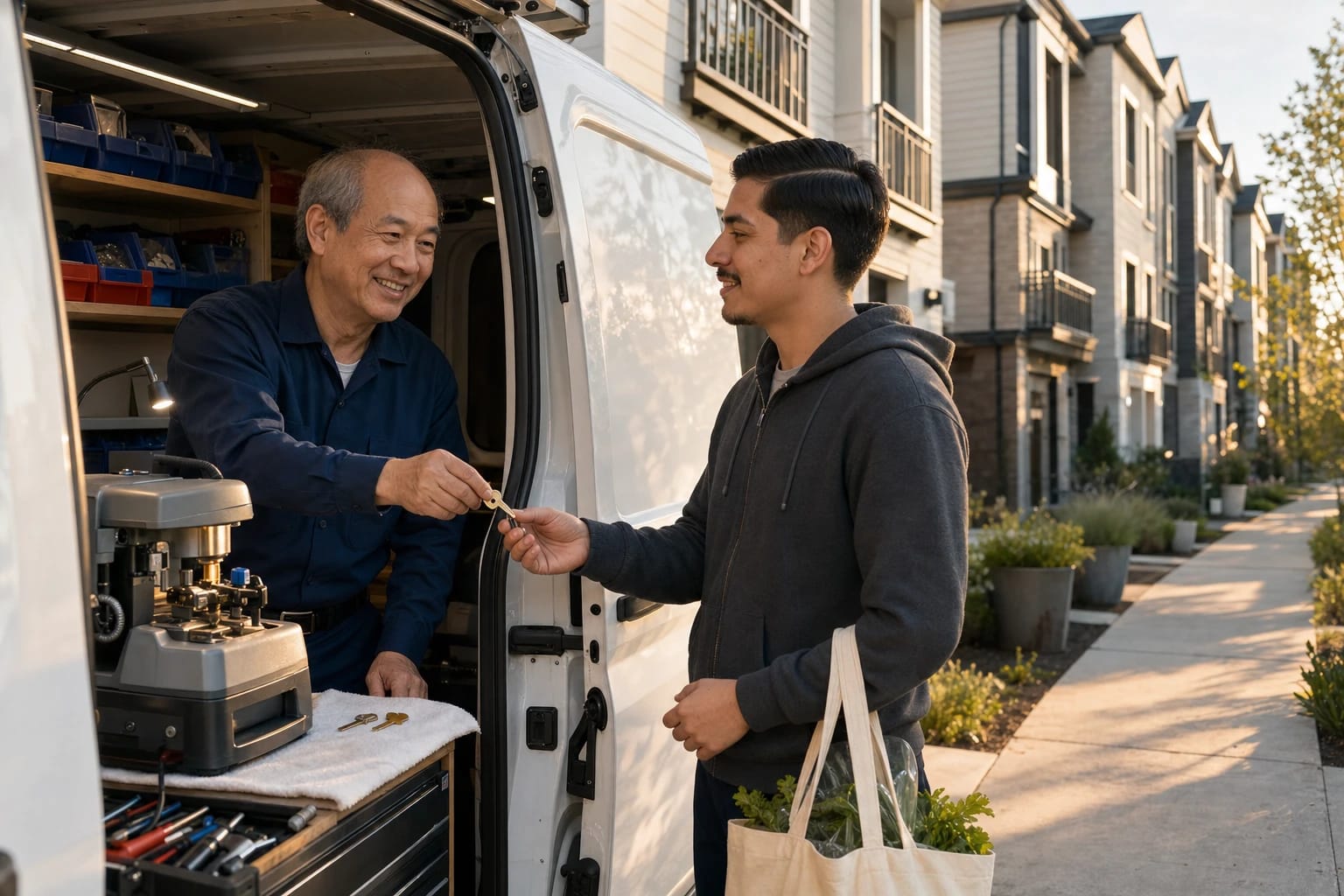 Locksmith at a key-cutting machine in his van hands a freshly cut key to a customer on a townhouse street