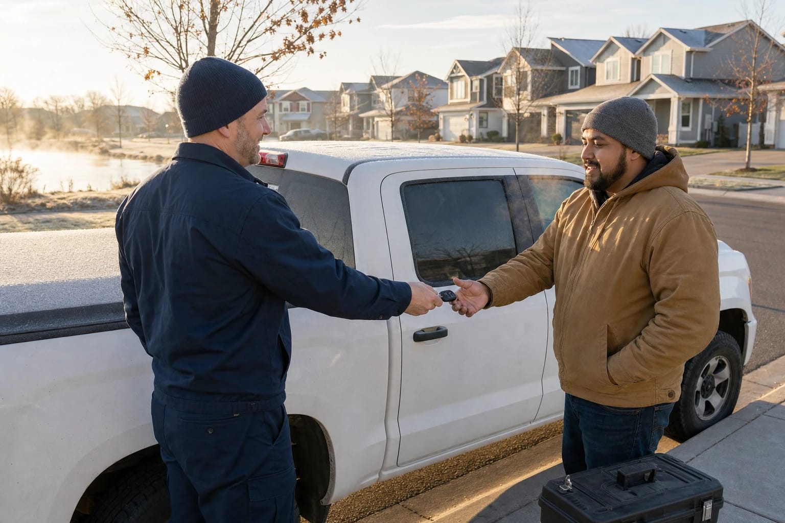 Locksmith hands a new car key to a pickup owner on a frosty suburban street at sunrise