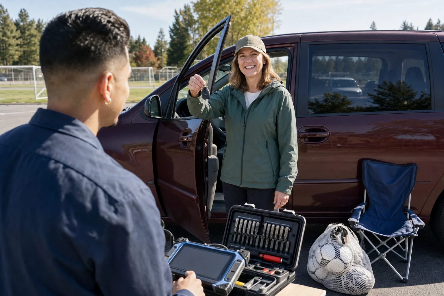 Smiling driver holds up her key fob by the open door of her minivan as a locksmith works a programming tablet