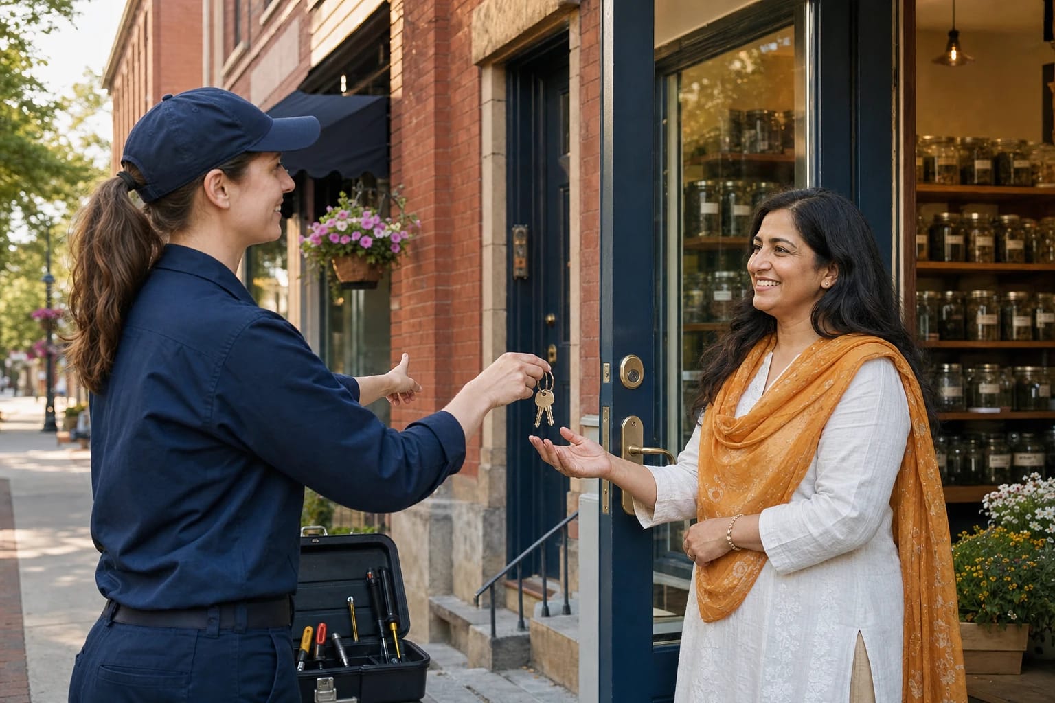 Locksmith hands new keys to a shop owner at the door of a brick storefront