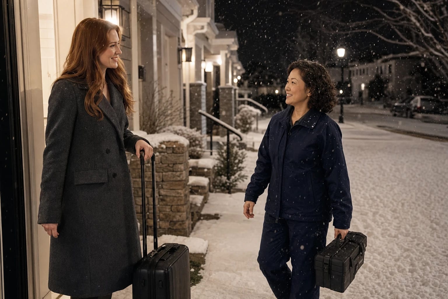 Locksmith carrying a toolbox arrives through falling snow at night to meet a traveler with a suitcase