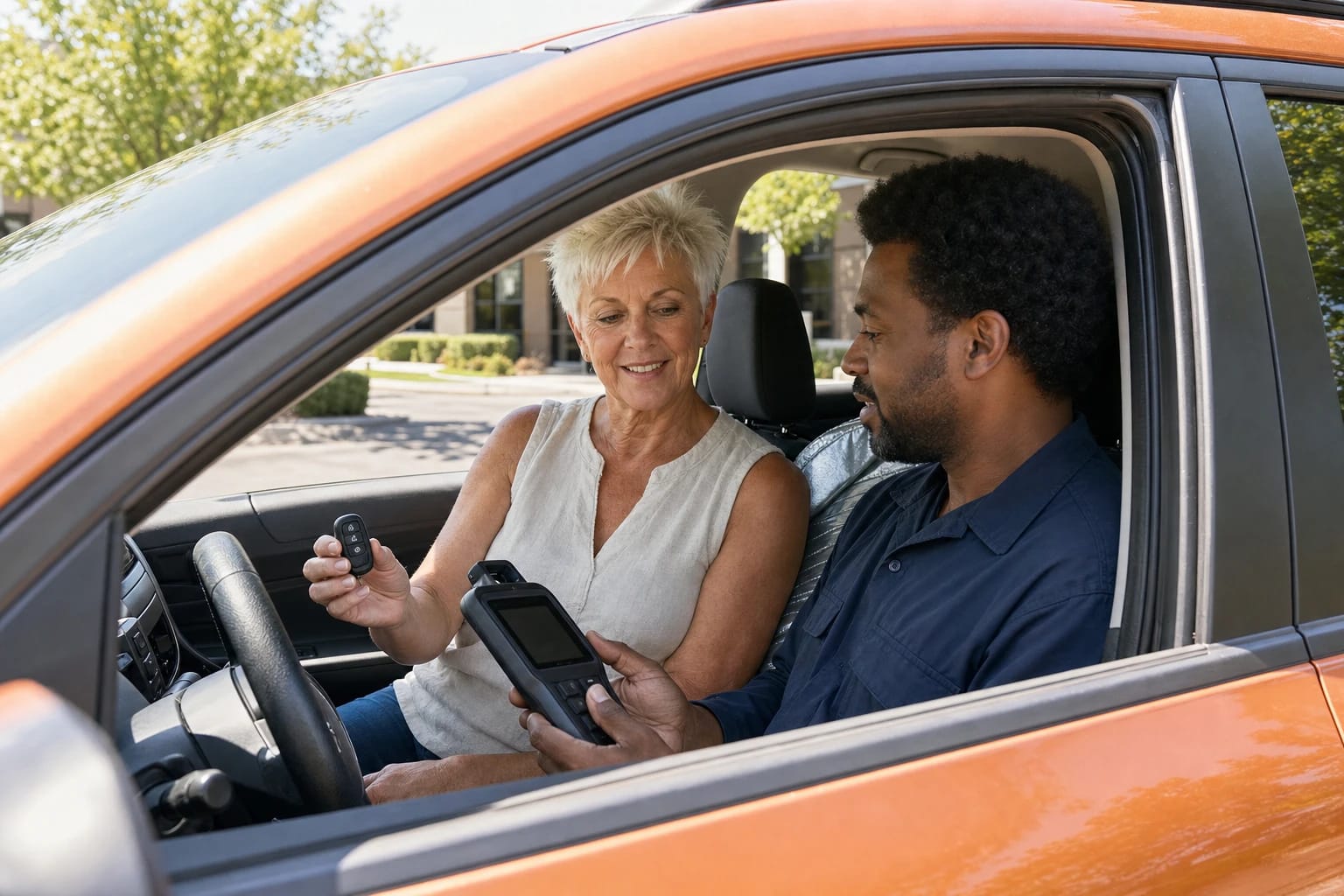 Locksmith in a car uses a handheld programmer while the owner holds her new key fob