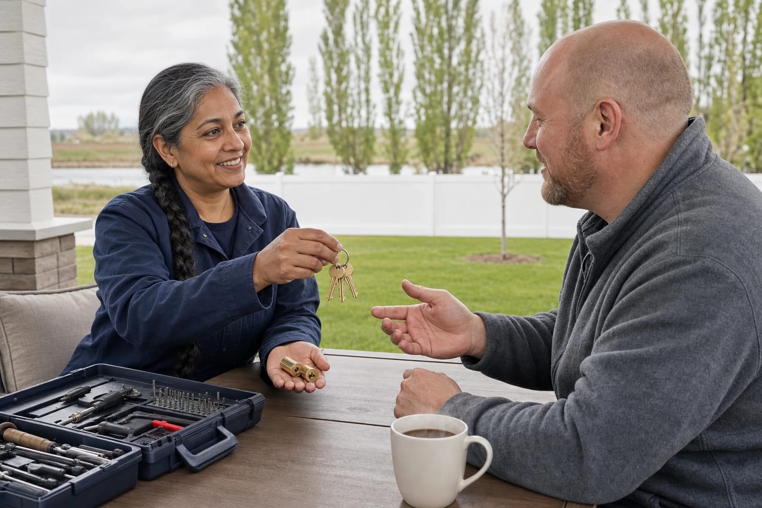 Locksmith hands new brass keys to a homeowner while holding two lock cylinders at a patio table