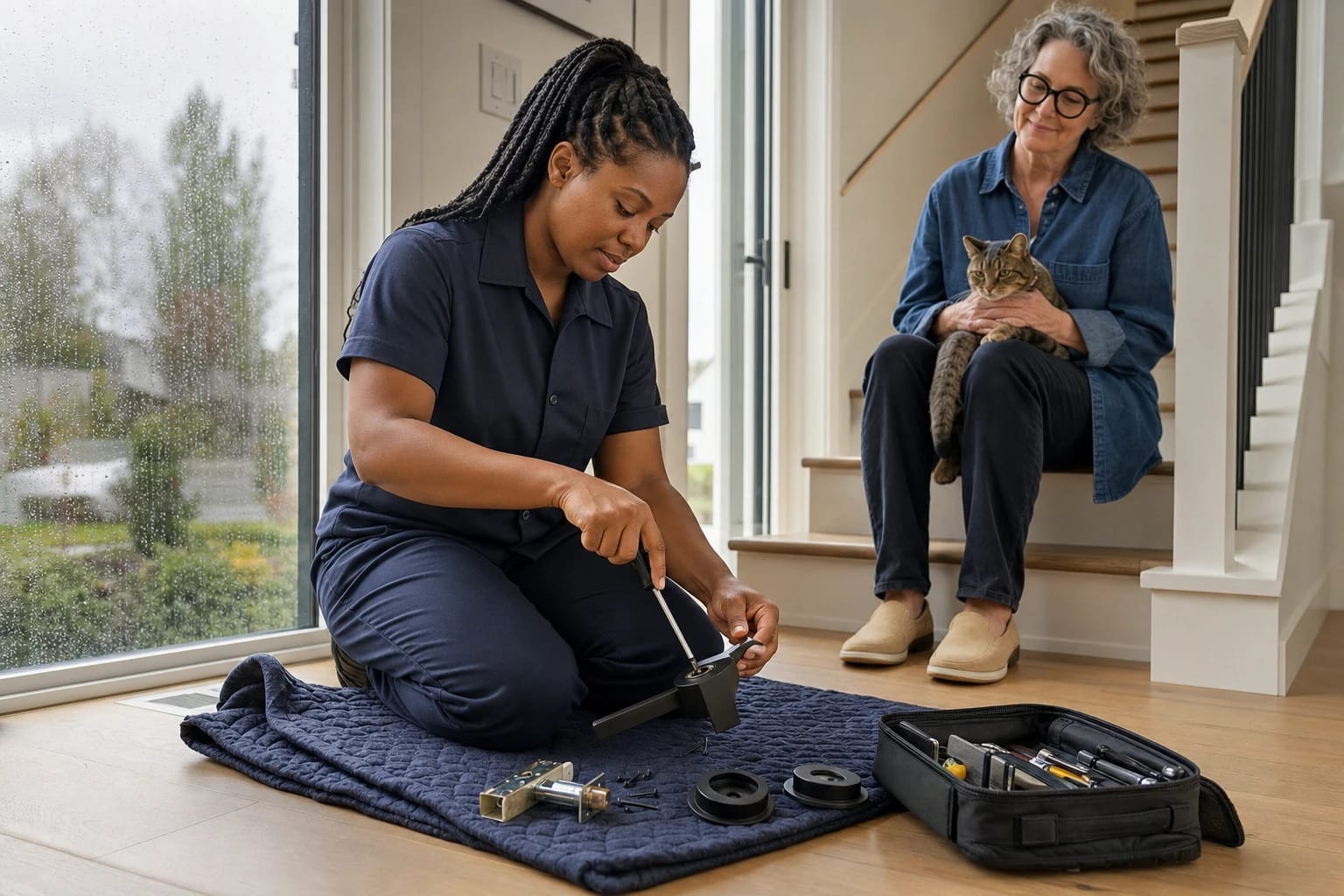 Locksmith kneels on a blanket repairing a lever lock as a homeowner holding a cat watches from the stairs