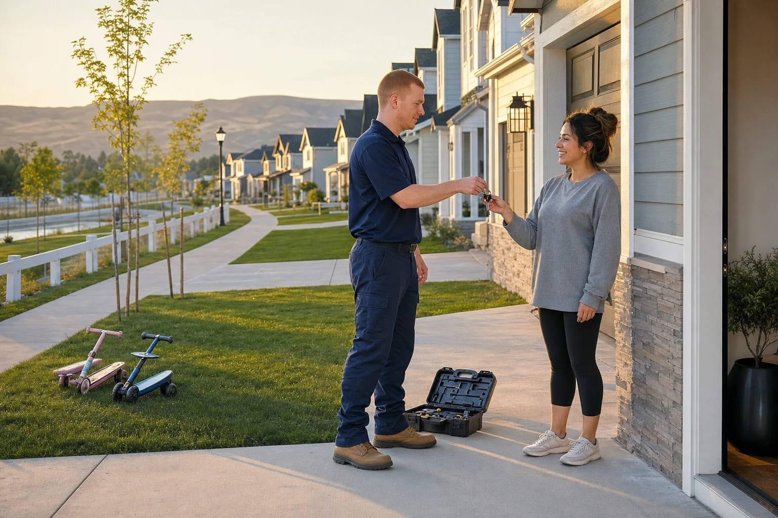 Locksmith hands a set of keys to a smiling homeowner on a driveway in a new suburb below brown foothills