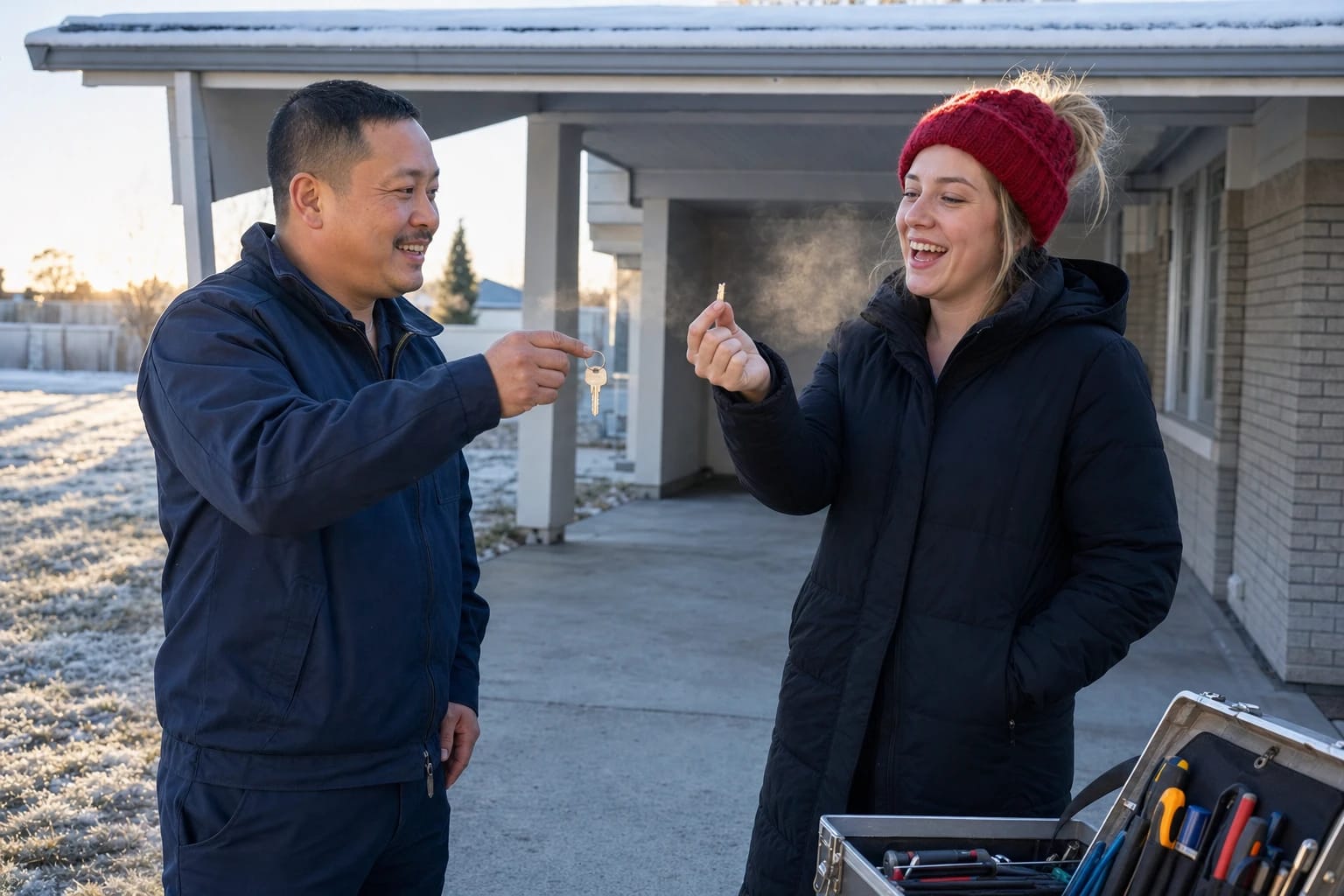 Locksmith hands a new key to a smiling woman holding a snapped key piece on a frosty morning