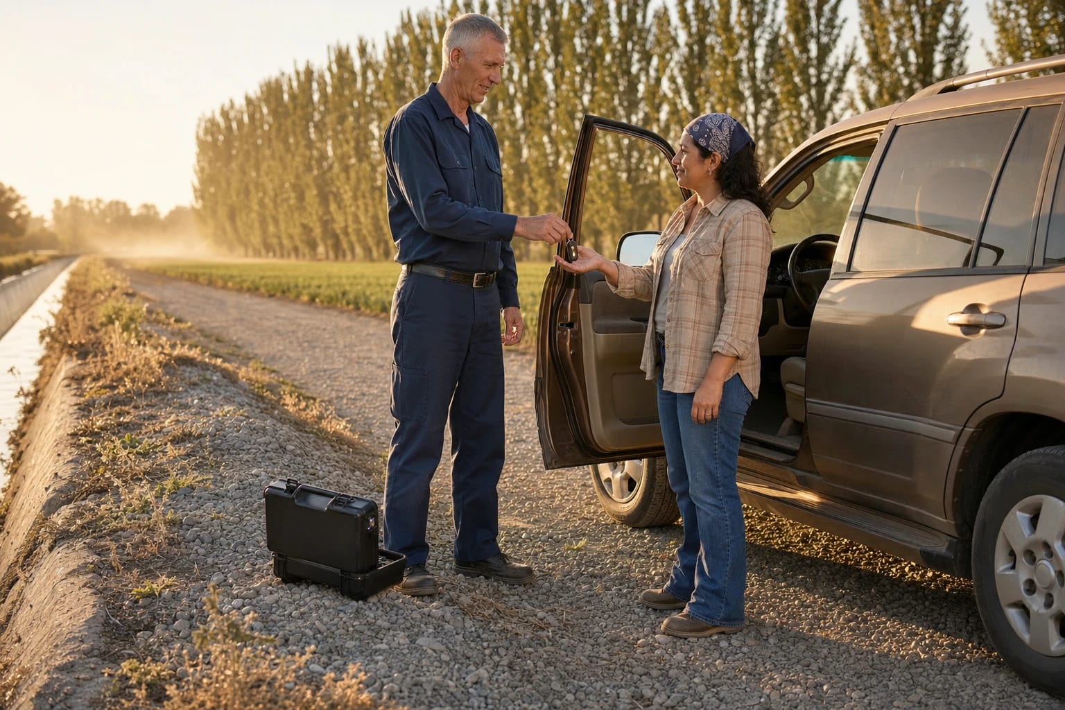 Locksmith hands a new car key fob to a woman beside her SUV on a gravel farm road near a canal