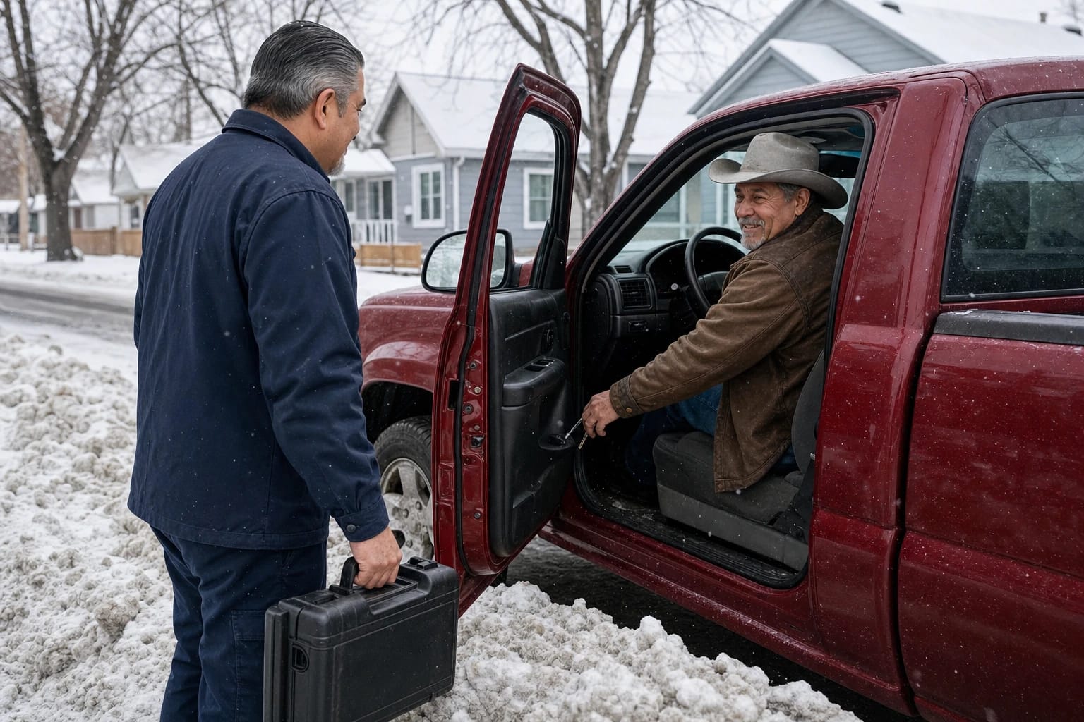 Locksmith with a tool case talks with a smiling driver back in his red pickup on a snowy street