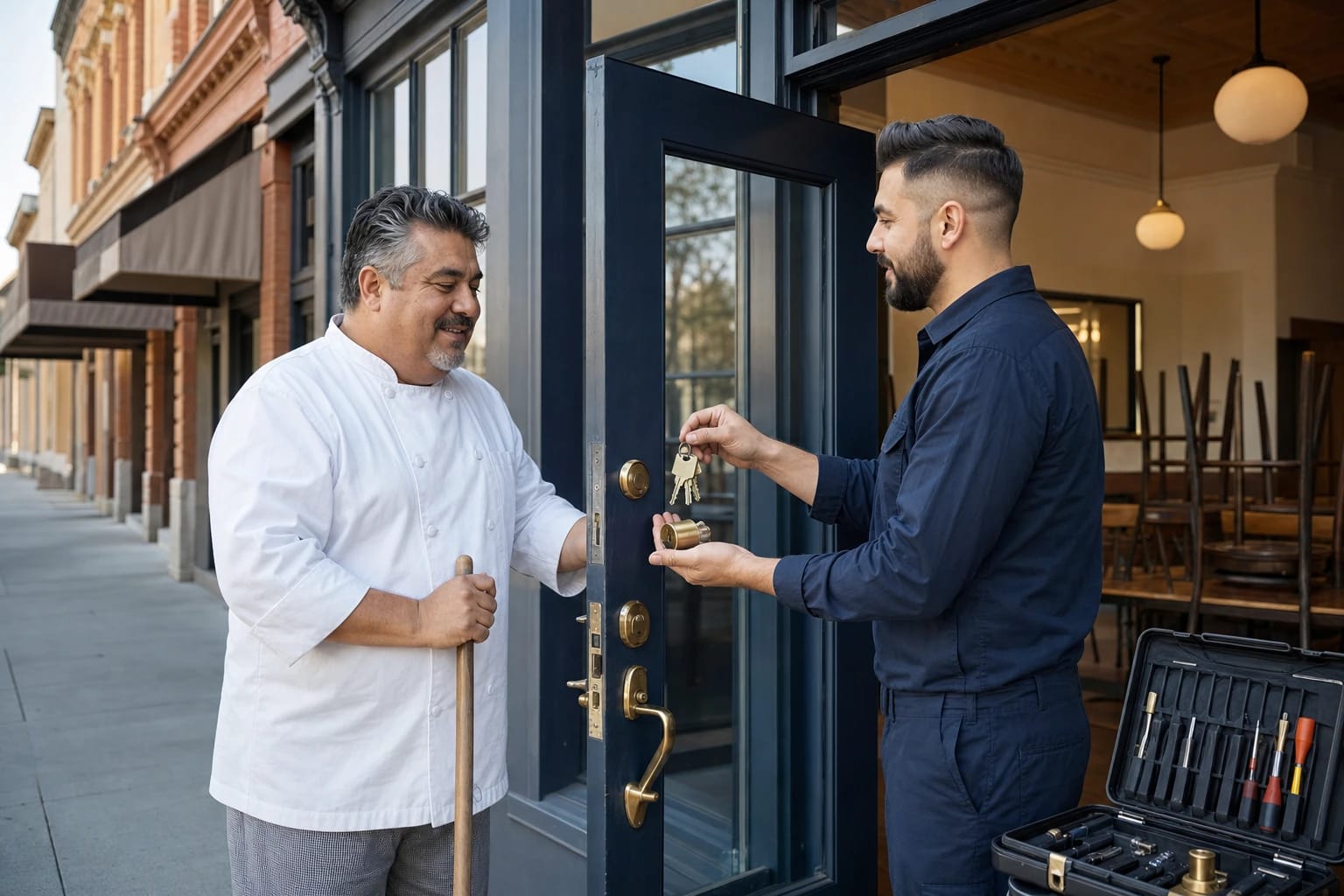 Locksmith hands new keys and a lock cylinder to a chef at a restaurant's front door