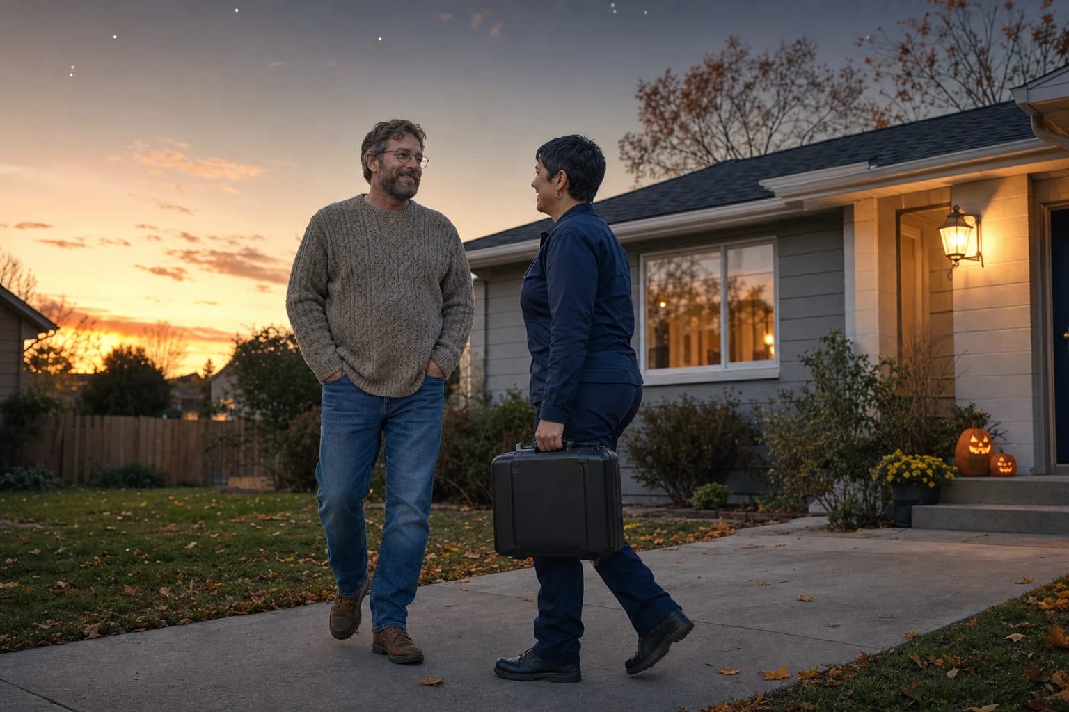 Locksmith with a tool case walks up a front path with a homeowner at dusk, jack-o'-lanterns on the steps