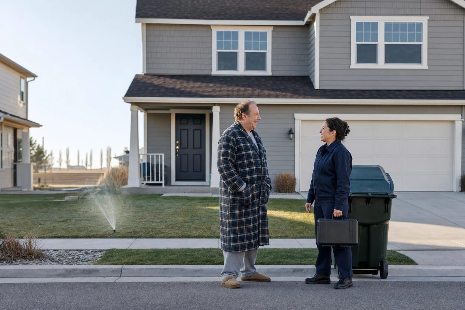 Homeowner in a bathrobe and slippers laughs with a locksmith holding a case outside his house by the trash bin