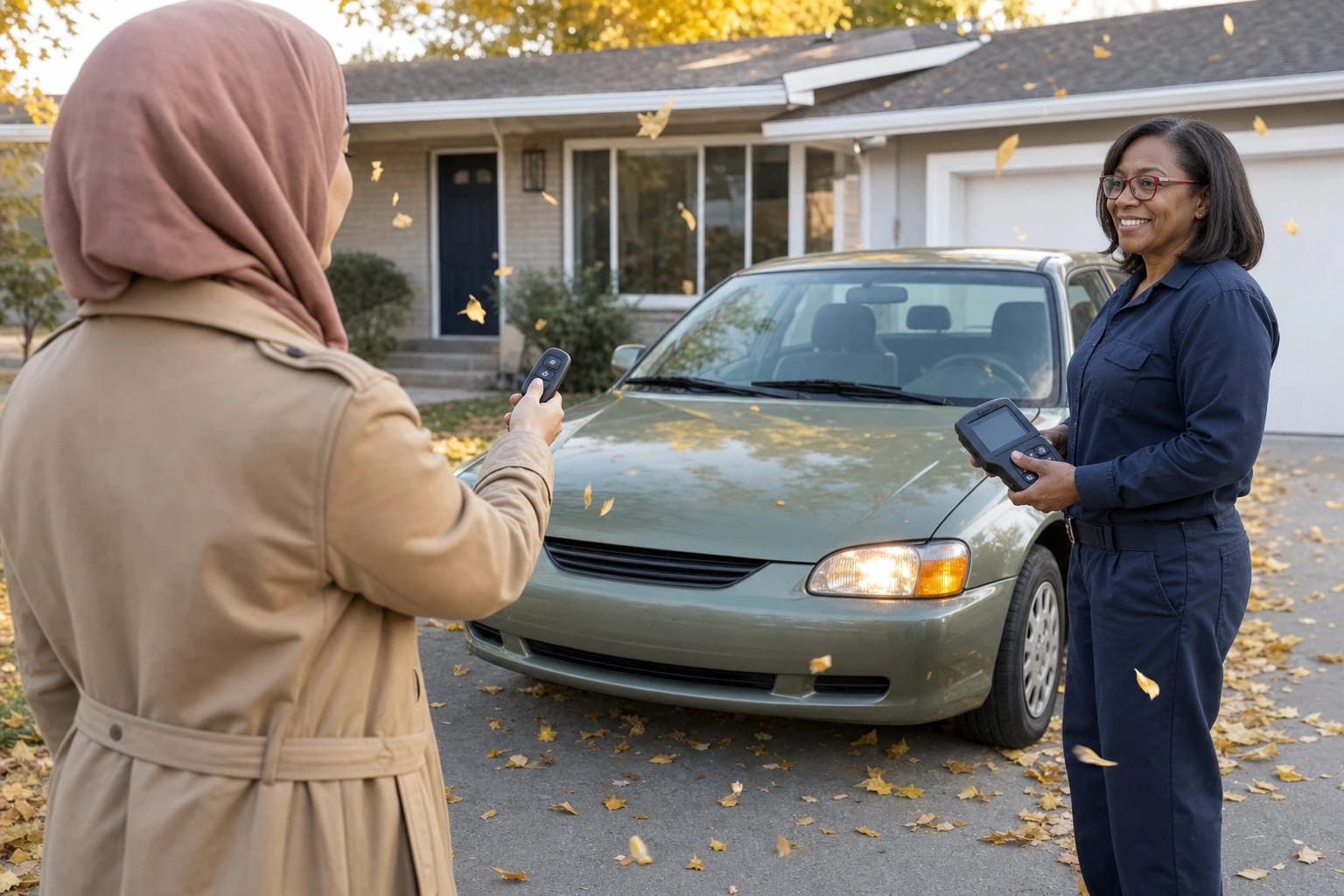 Locksmith holds a programming device while a customer tests her key fob by a sedan in a leafy driveway