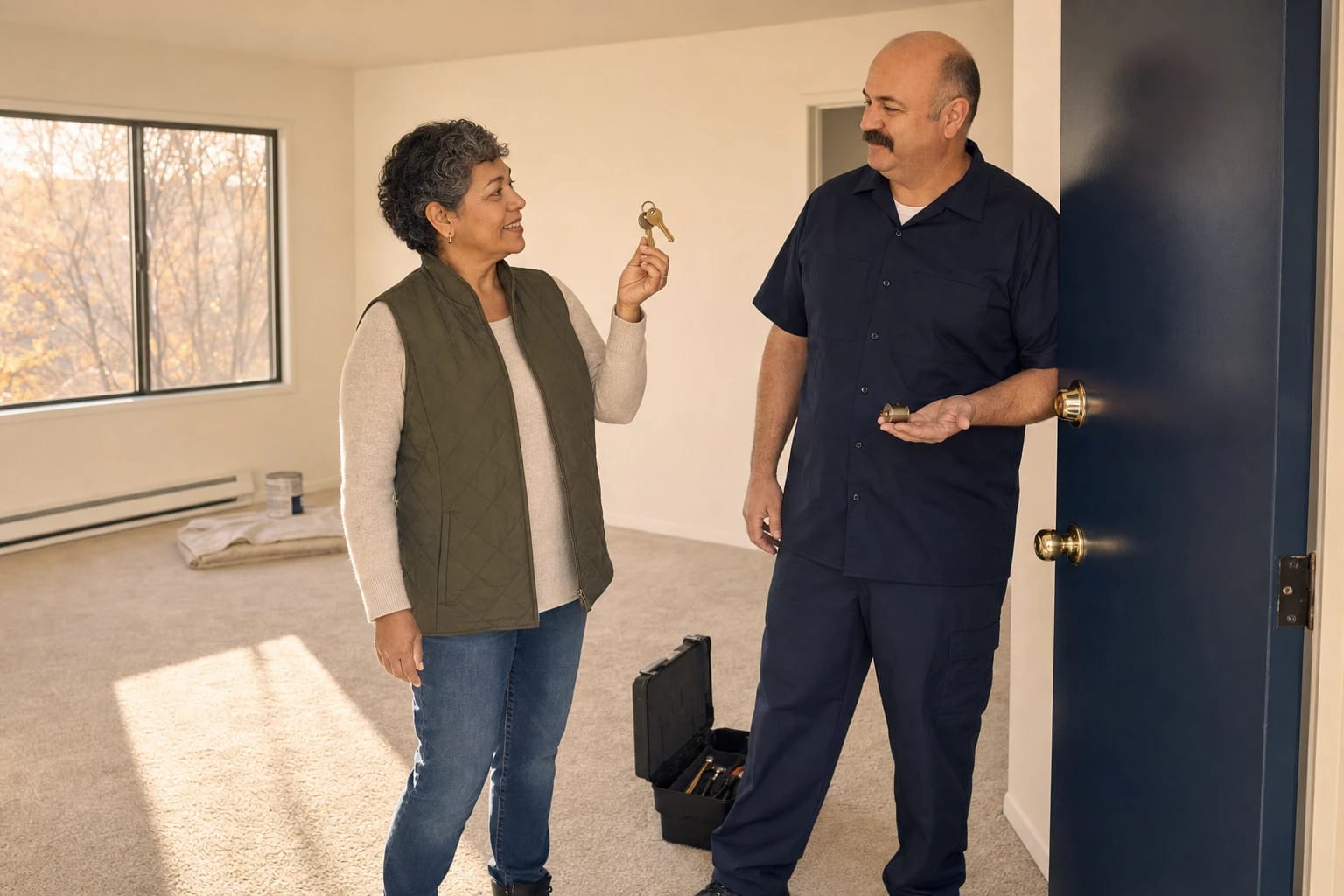 Locksmith holds a removed lock cylinder while a homeowner holds up new brass keys by an open blue door