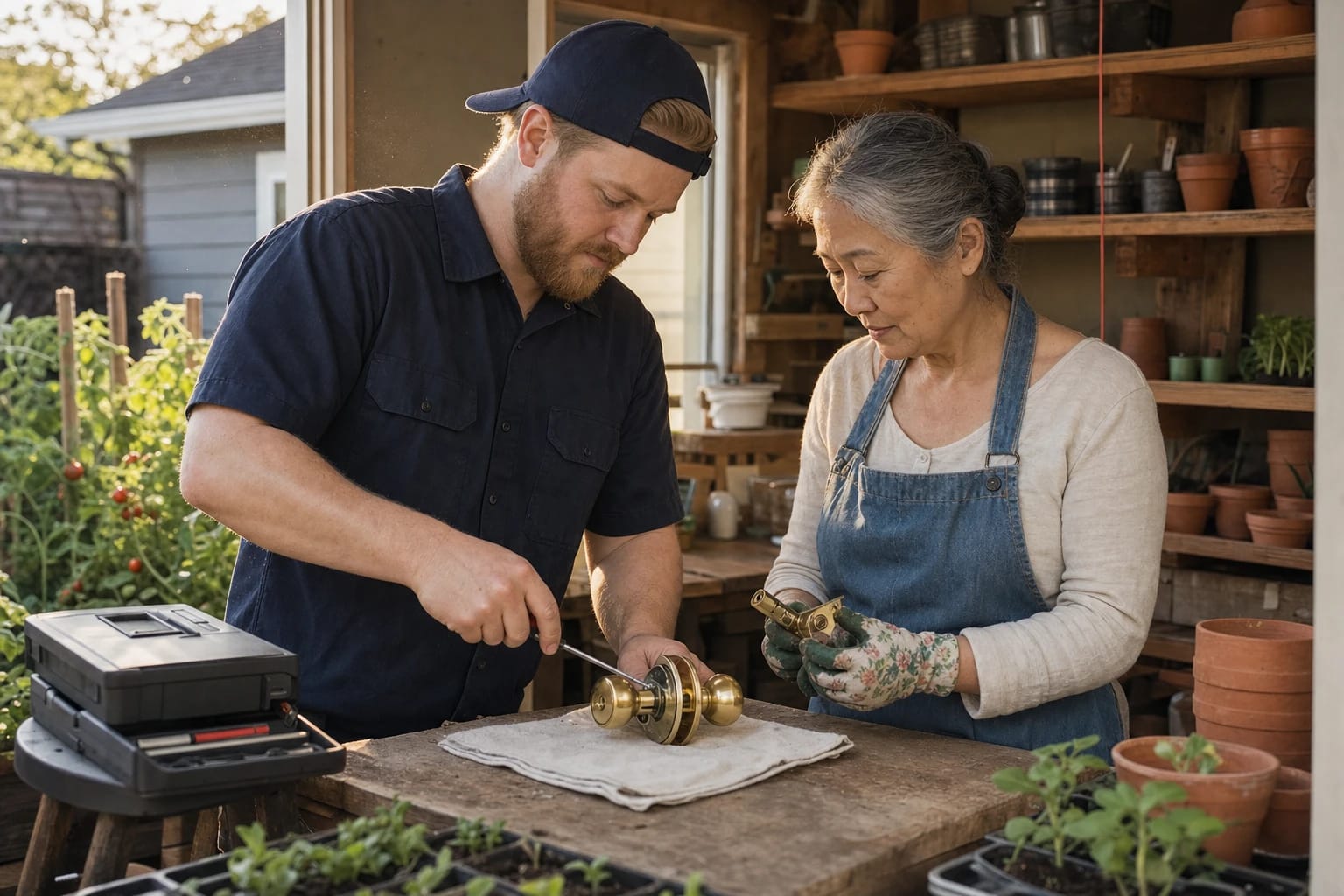 Locksmith uses a screwdriver on a brass knob lockset on a potting bench while a gardener holds the latch