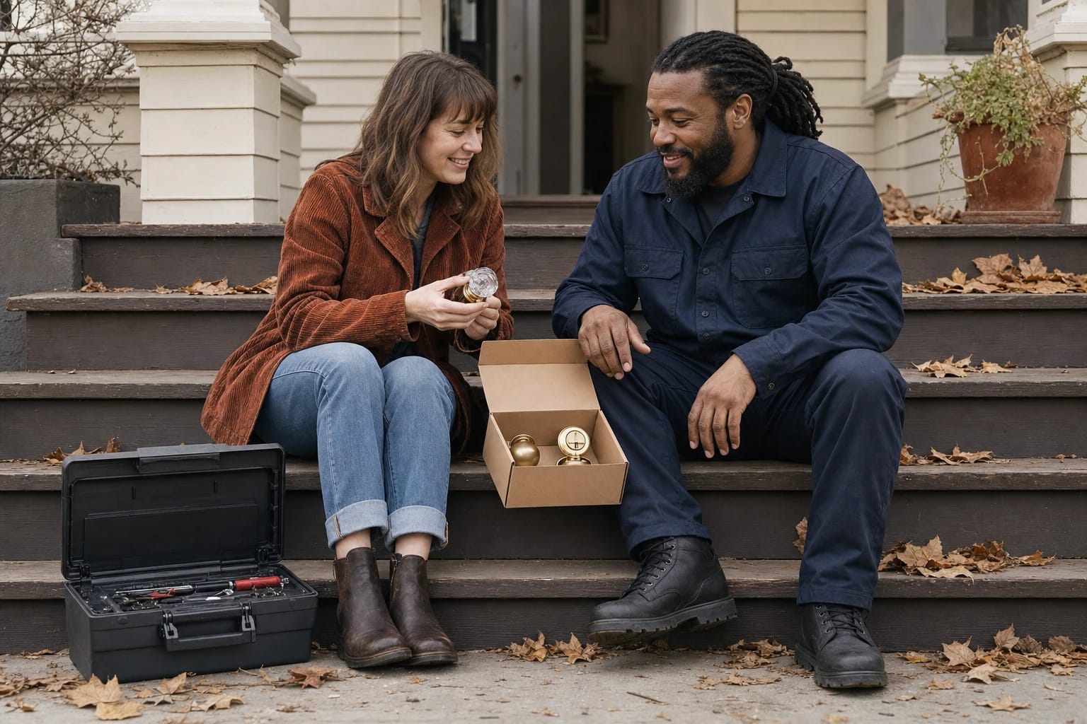 Homeowner and locksmith sit on porch steps looking at new brass door knobs in an open box, fallen leaves around