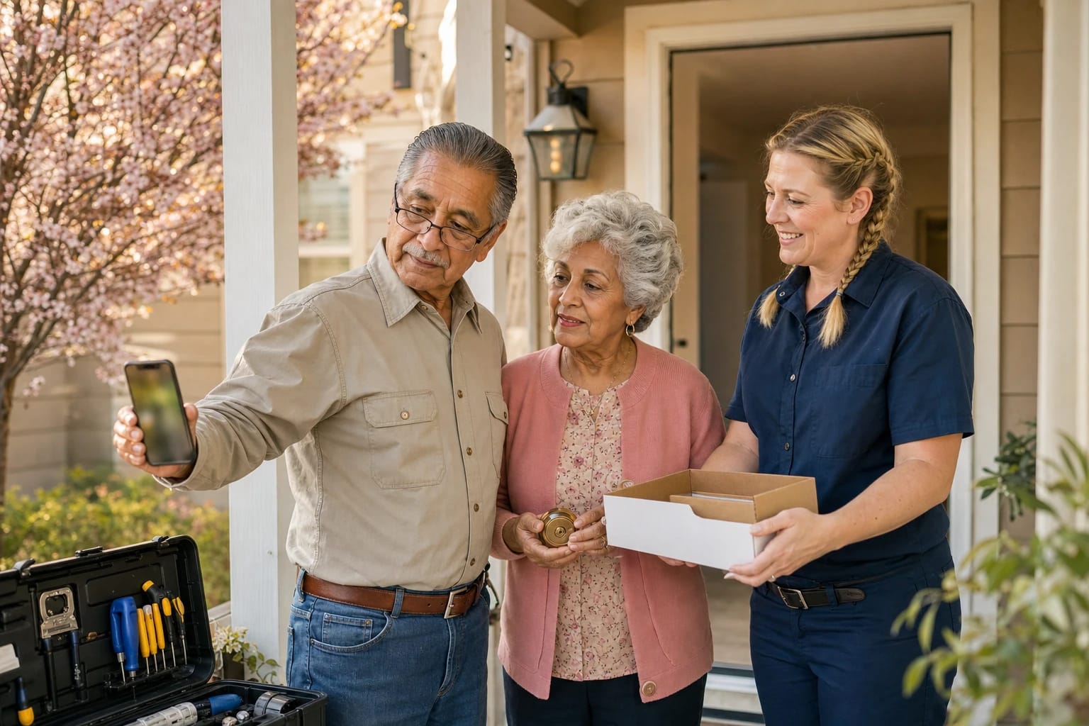 Locksmith holds an empty lock box as an older couple check a phone and hold a brass deadbolt on their porch