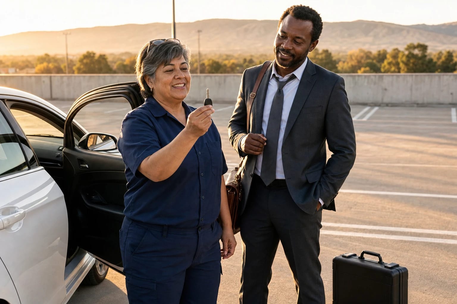 Locksmith holds up a new car key for a smiling businessman beside an open car on a rooftop lot