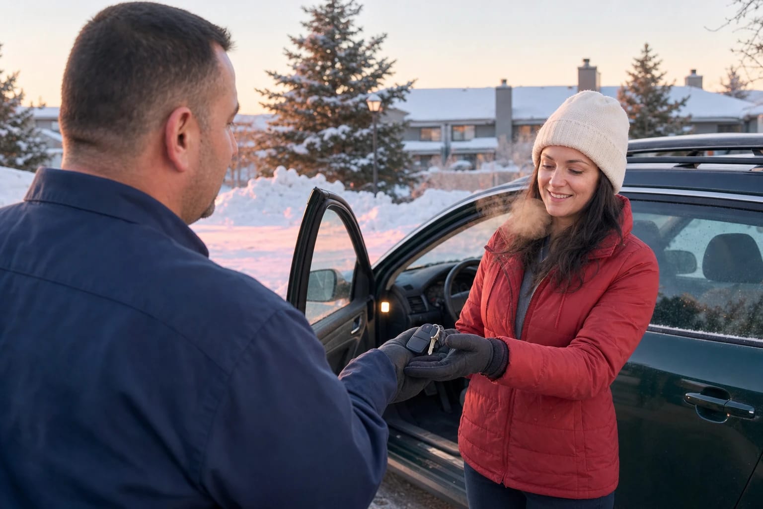 Locksmith in gloves hands a key and fob to a driver beside her open car in a snowy lot at dusk