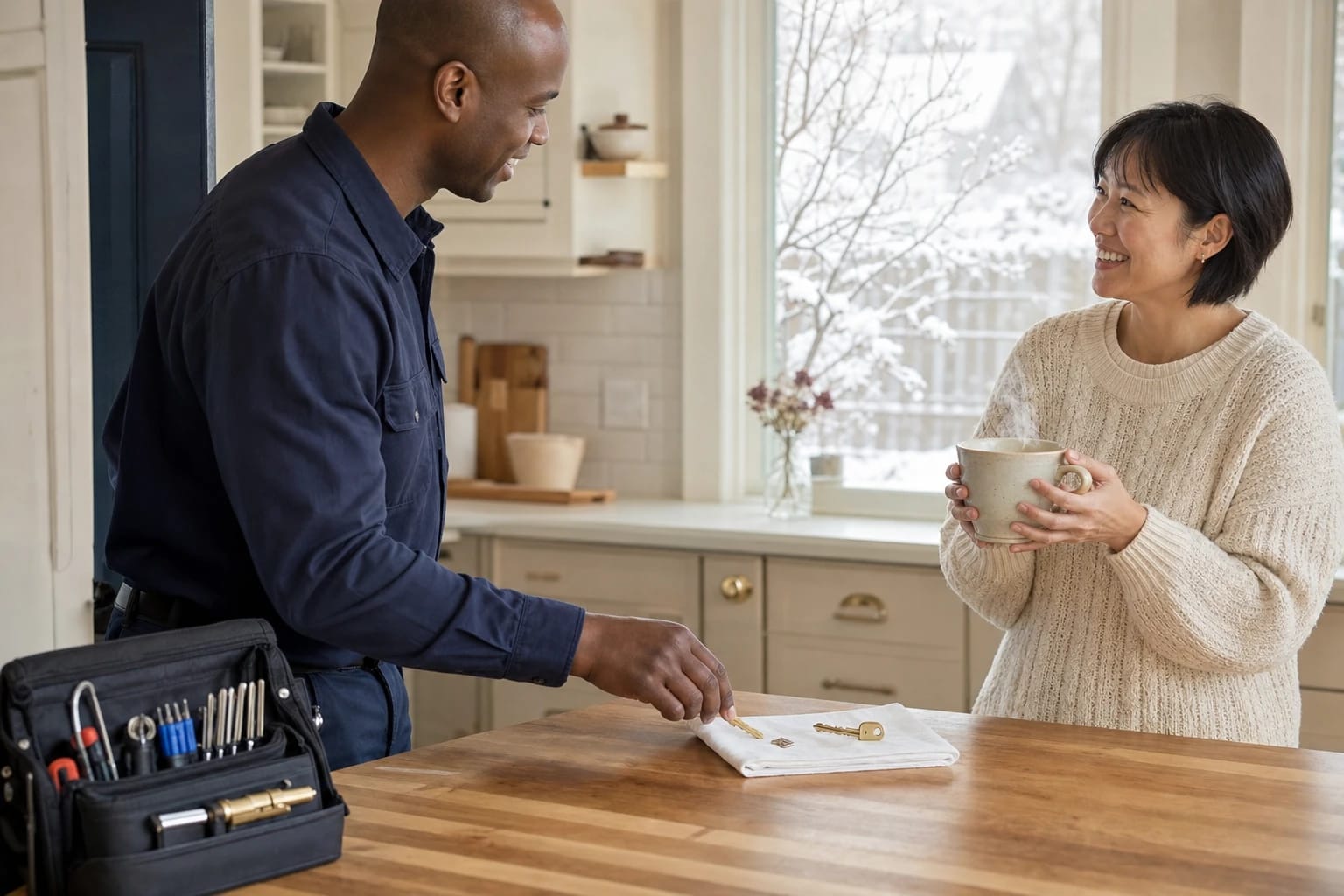 Locksmith sets extracted broken key pieces on a napkin as a homeowner holds coffee in a snowy-day kitchen