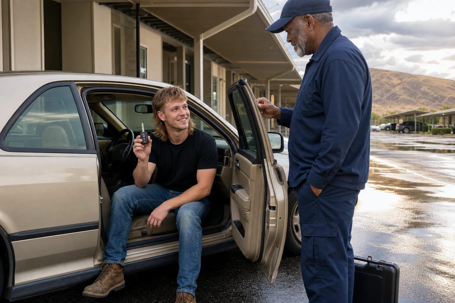 Driver sits in his car holding a new key fob while a locksmith stands by the open door in a wet parking lot