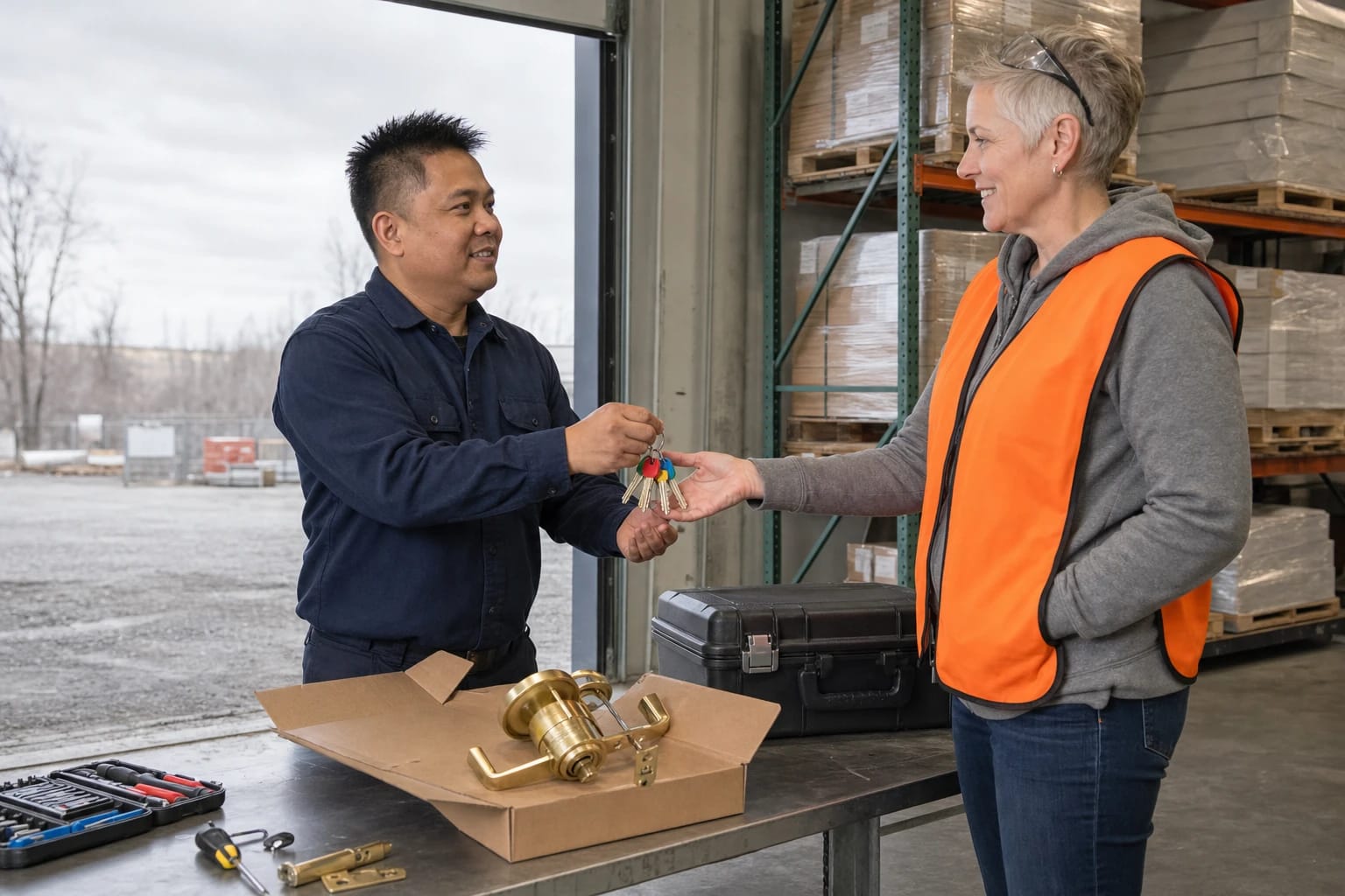 Locksmith hands a set of keys to a warehouse worker beside a boxed brass lever lockset at a loading dock