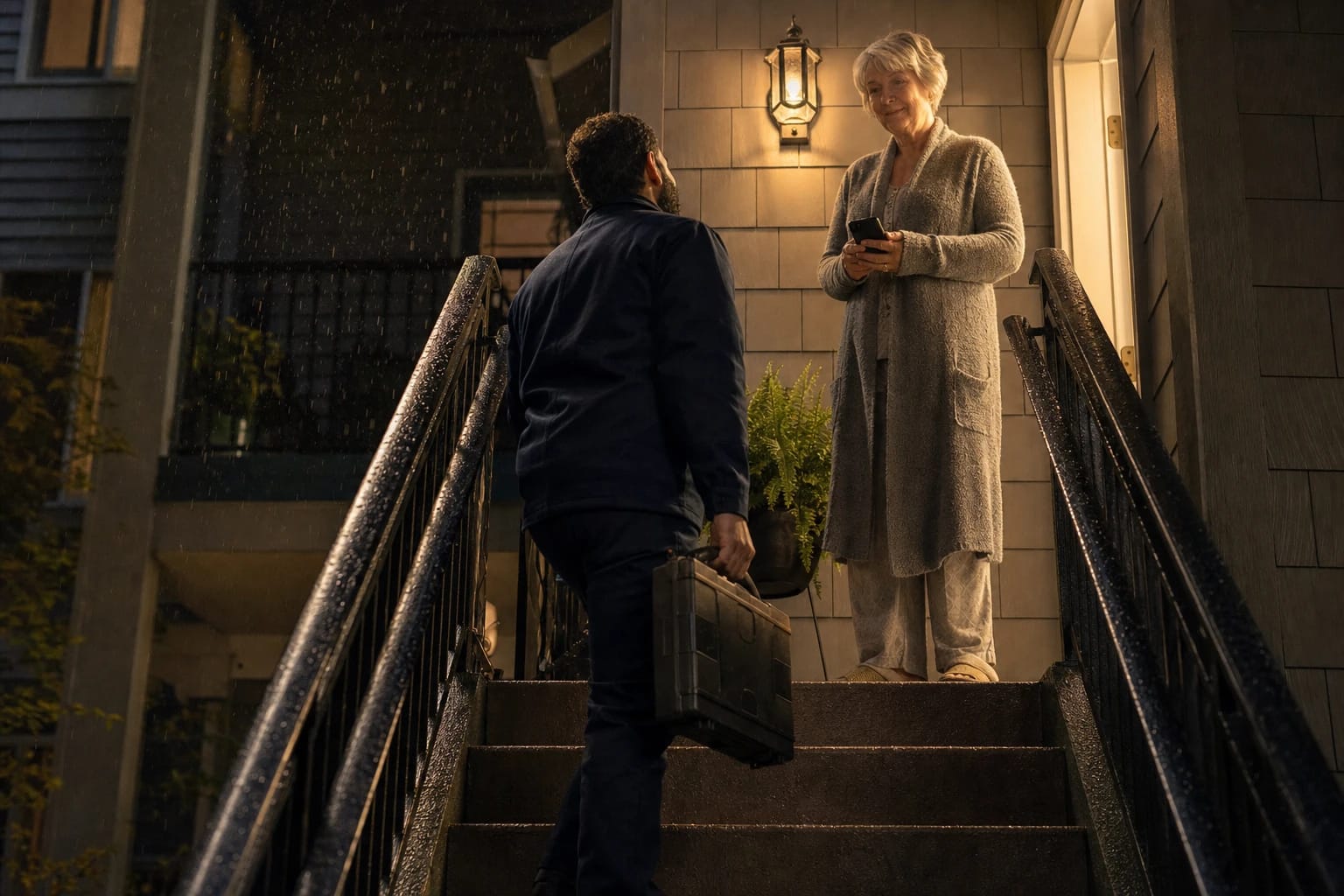 Locksmith carrying a tool case climbs rainy front steps at night toward a homeowner in a robe