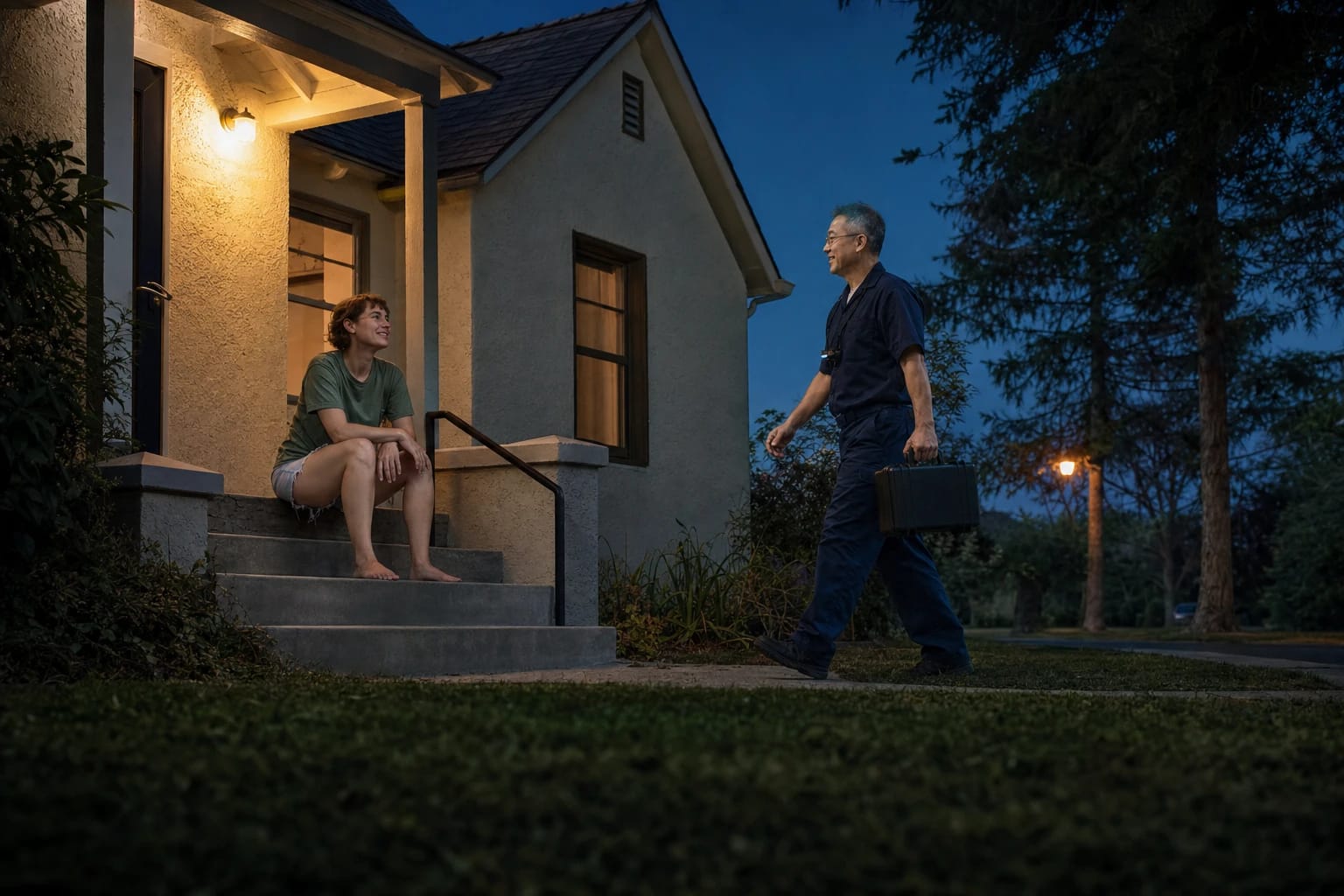 Locksmith with a tool case walks up to a woman waiting barefoot on her lit front steps at dusk