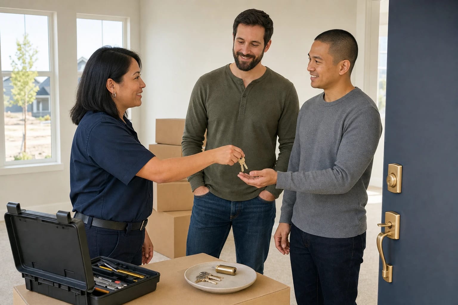 Locksmith hands new keys to two homeowners among moving boxes, a rekeyed cylinder on a plate nearby