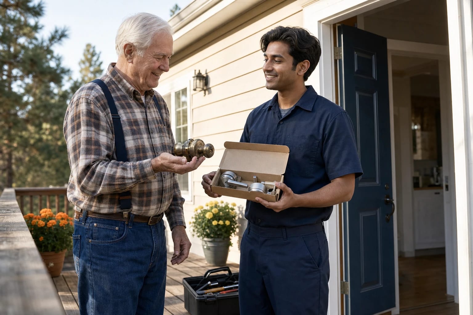 Locksmith shows a boxed new lever set as an older homeowner holds his old brass doorknob on a porch